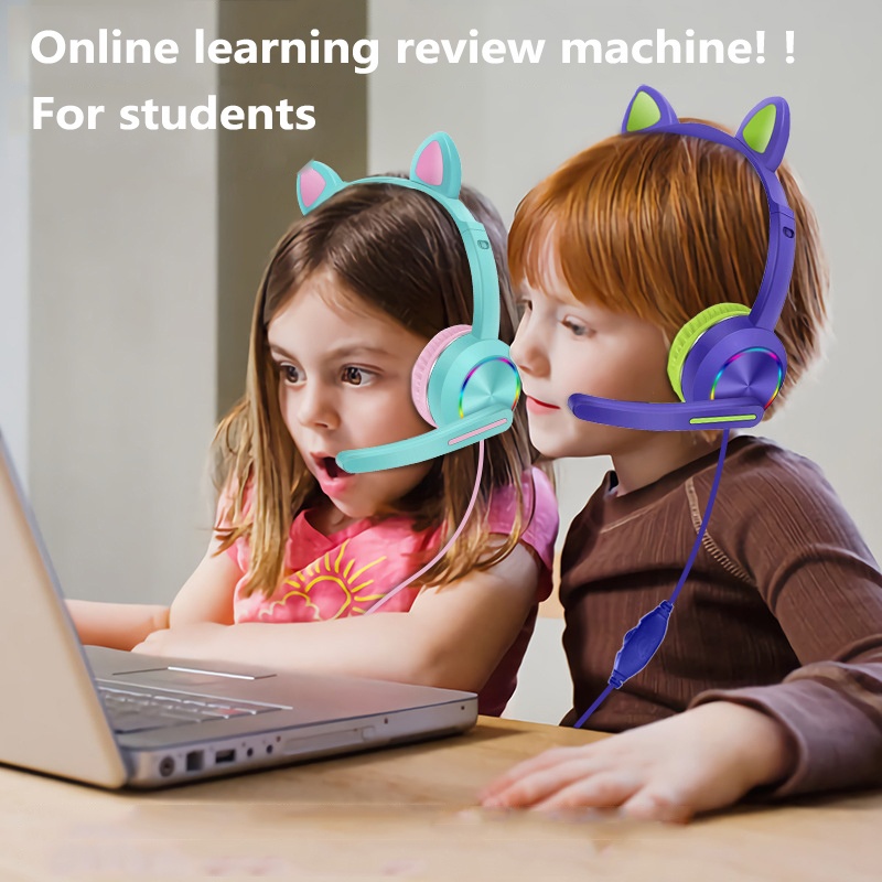 AKZ-020 Wired Headphones Stereo Super Bass 40MM Drivers Earphone RGB Luminous Foldable Head-Mounted Cute Cat Ear Gaming Headset Review Education Machine with Mic-Dark Blue