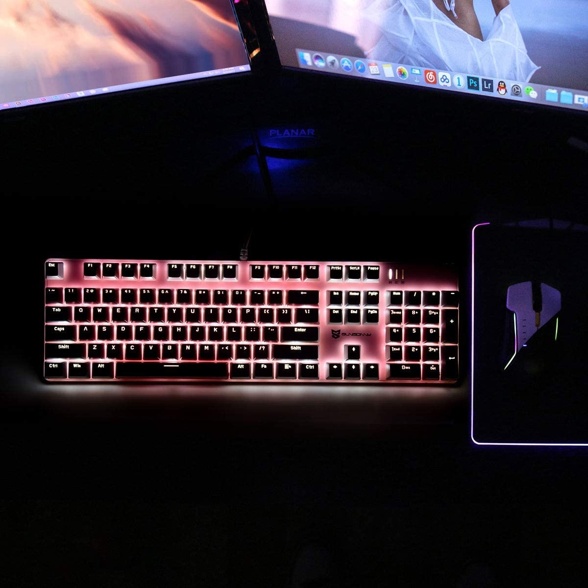 Qisan Mechanical Gaming Keyboard Full Size 104 Keys US Layout Wired Blue Switch Backlit Keyboard with Pink & White Color