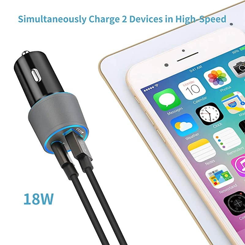 Type C Car Charger, Compatible for Google Pixel 5/4a/4/3a/3/2/XL, Samsung Note 20/S20/S10 USB C PD Car Charger with 3ft Cable, 18W Power Delivery& Quick Charge 3.0 Fast Charging Car Adapter-Gray