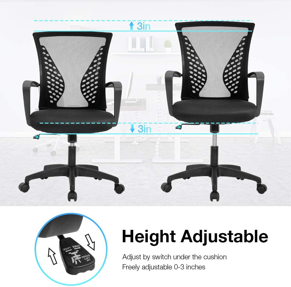 Ergonomic Office Chair Desk Computer Mesh Executive Task Rolling Gaming Swivel Modern Adjustable with Mid Back Lumbar Support Armrest for Home Women Men, Black
