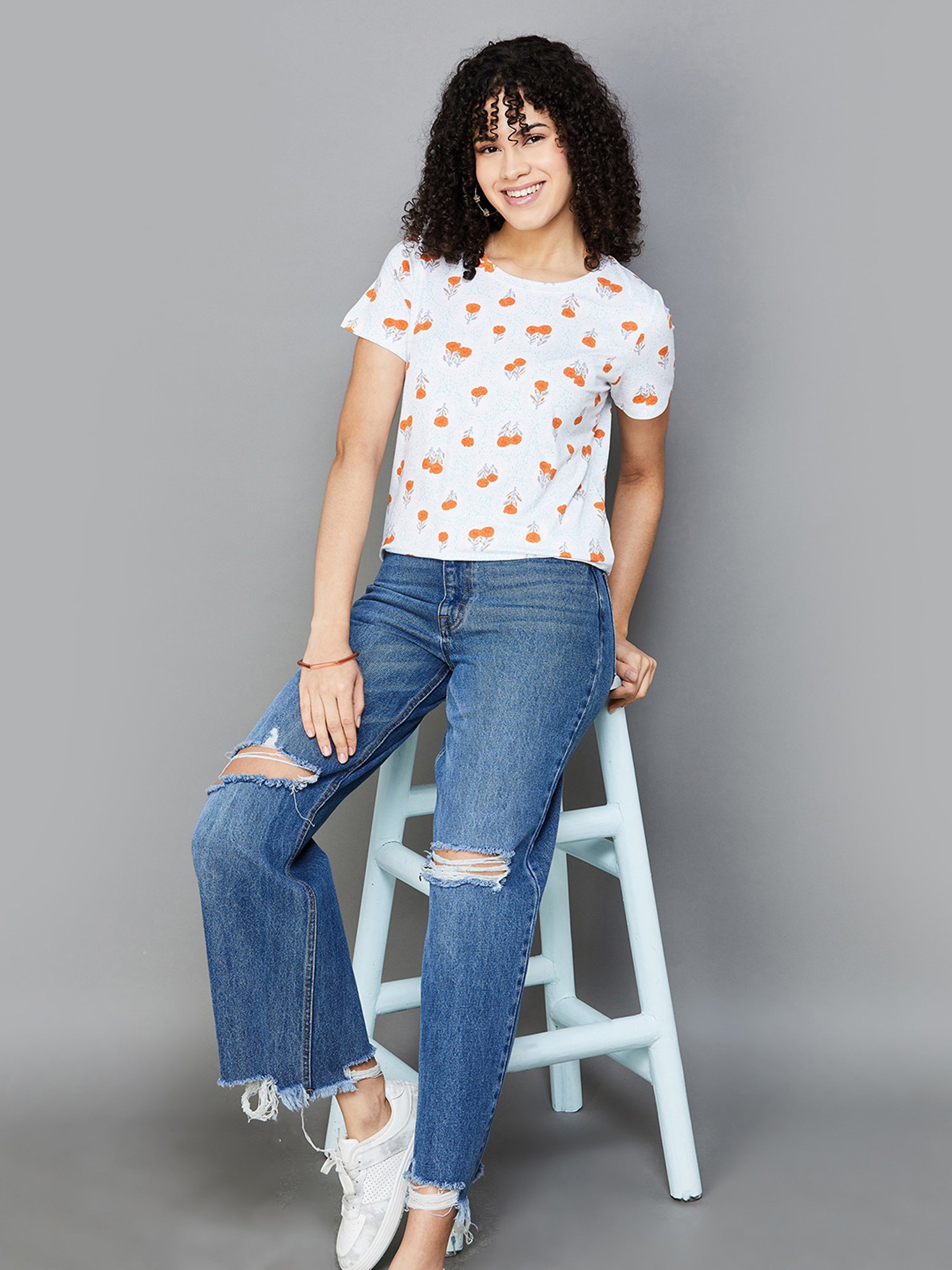 Colour Me by Melange White & Orange Floral Print T-Shirt