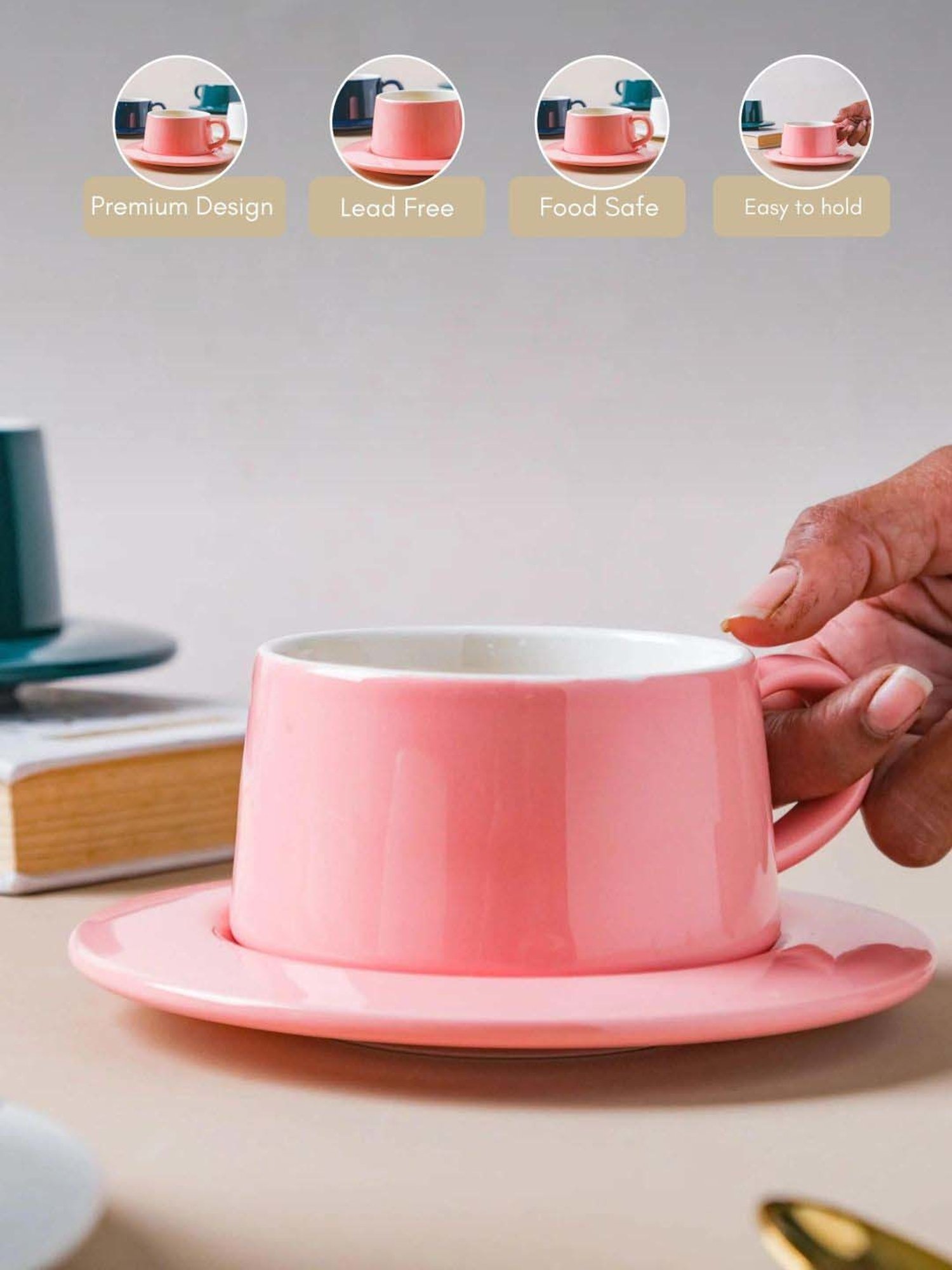 Nestasia Premium Quality Glossy Pink Cup With Round Handle & Saucer Set For Serving Hot Drinks