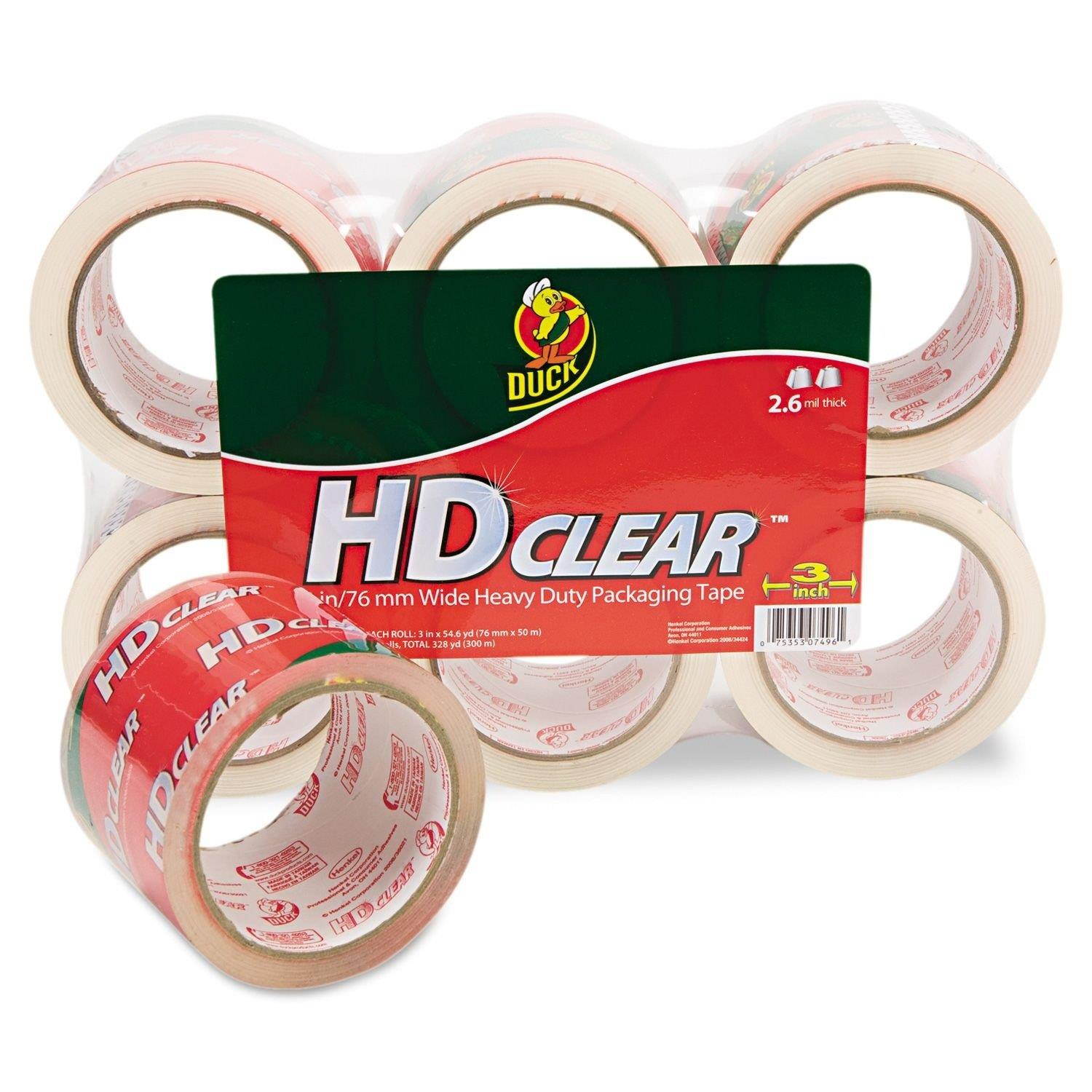 Duck HD Clear Packaging Tape, 2.6 mil, 3 Inches x 55 Yards, Clear, 6-Pack