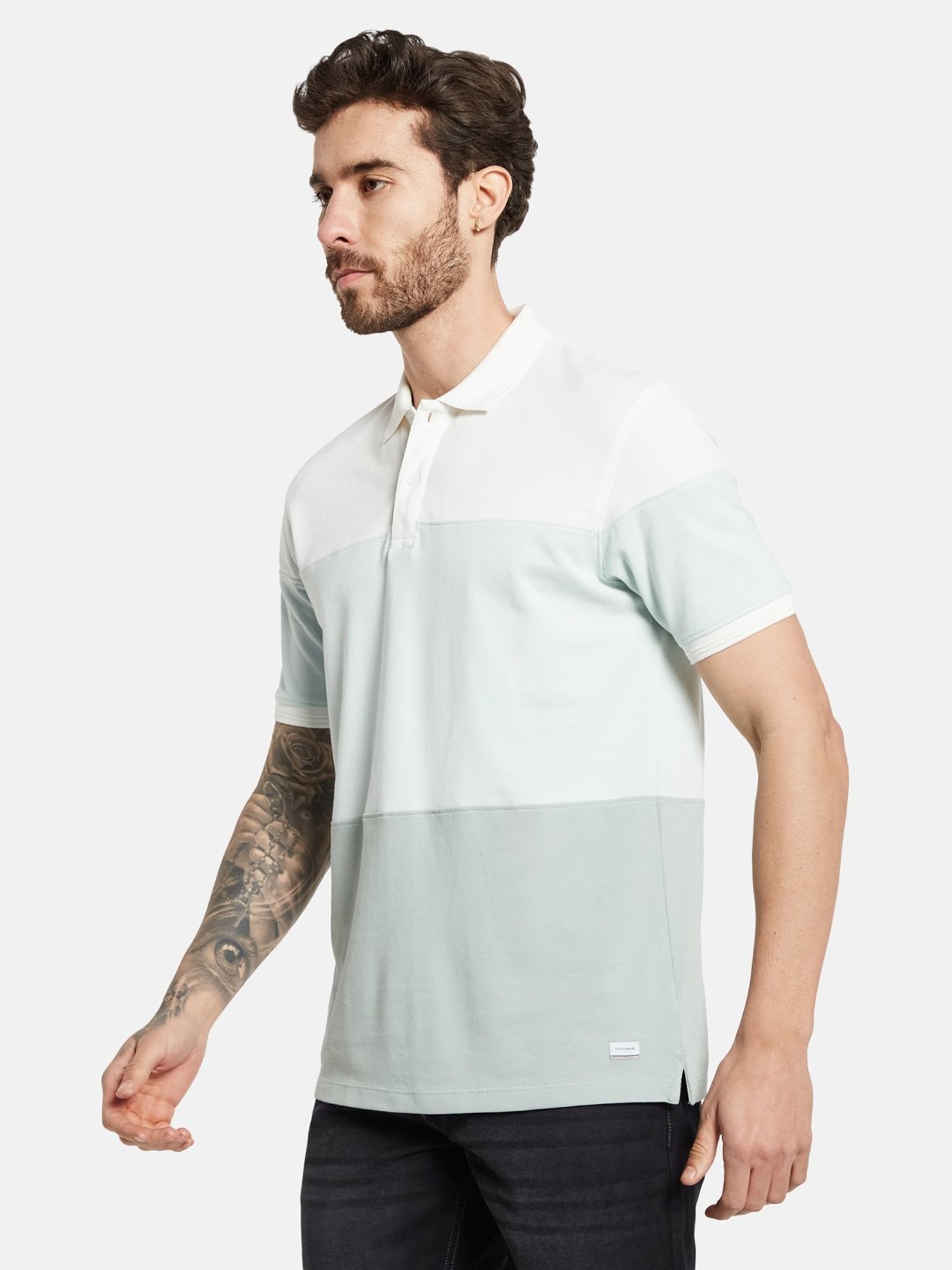 Octave Dusty Mint Cotton Regular Fit Colour Block Polo T-Shirt