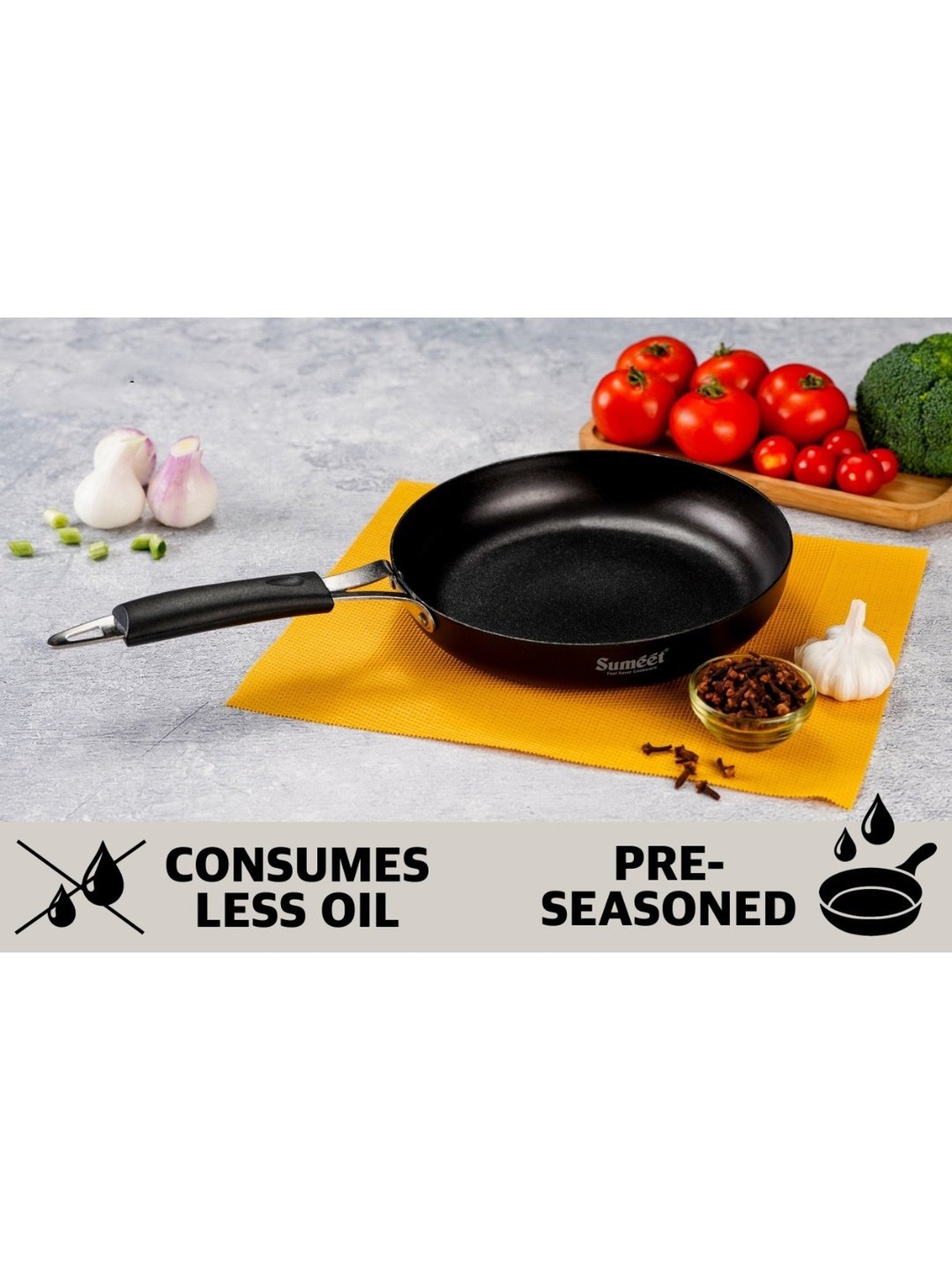 Sumeet Pre Seasoned Carbon Steel (Iron) Fry Pan for Frying |22.3cm|1500ml, Gas & Induction-Friendly