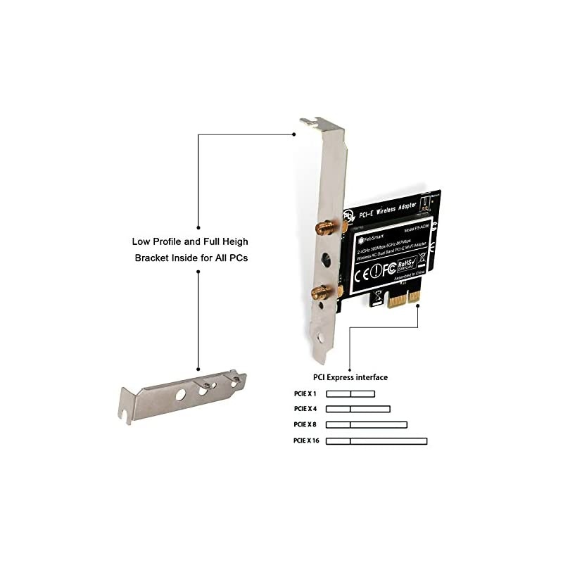 Wireless AC Dual Band AC1200 (2.4GHz 300Mbps or 5GHz 867Mbps) PCIE Wi-Fi Adapter for Windows Server,7,8,8,1,10(32/64bit) Desktop PCs Online Gaming and Video Streming-PCIe WiFi Card(FS-AC86)