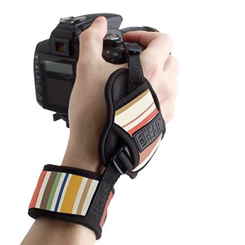 usa gear camera hand strap wrist with stripe padded neoprene pattern and connecting metal plate  compatible with canon, fujifilm, nikon, sony and more dslr, instant, mirrorless cameras