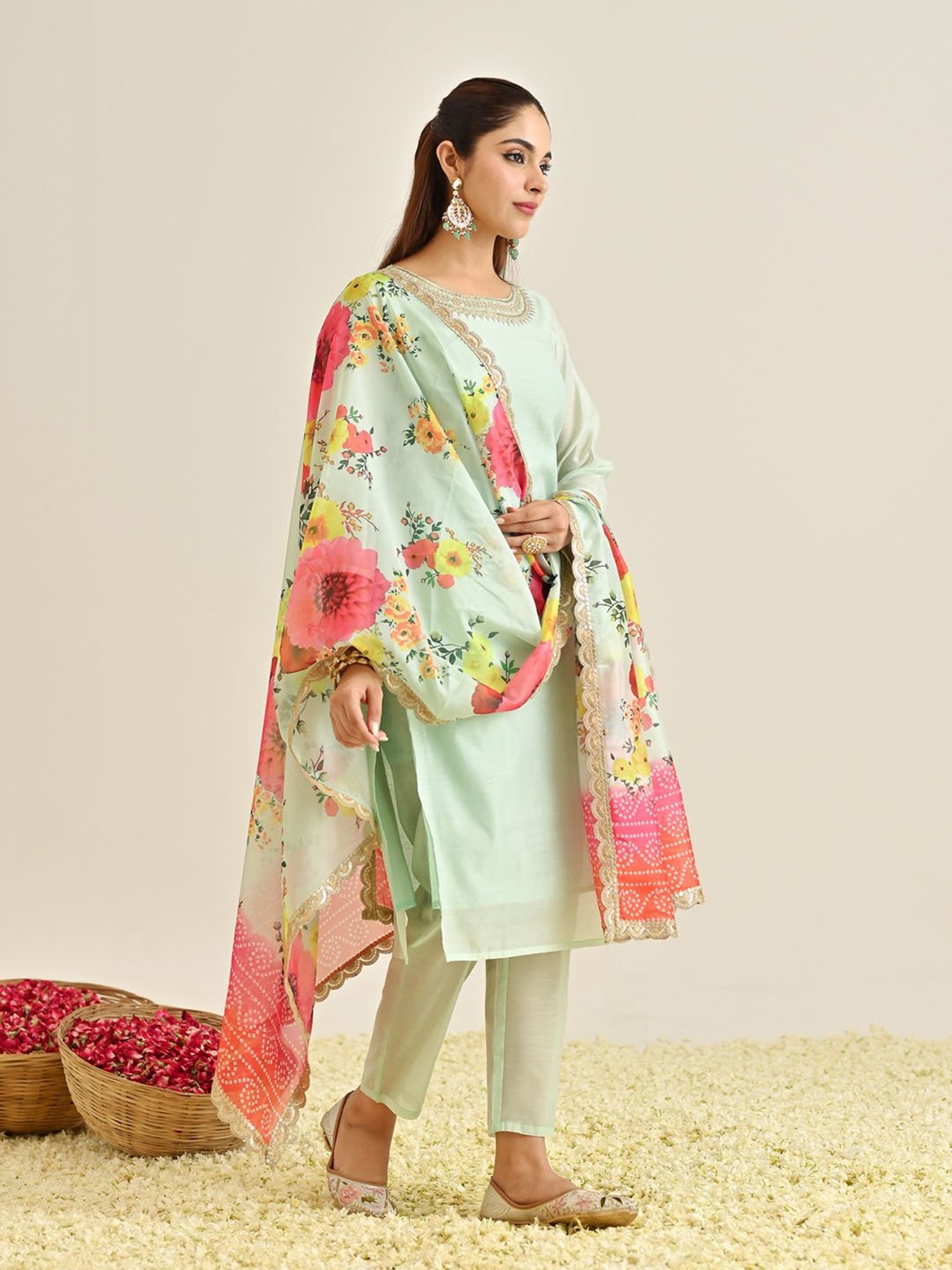 Rustorange Mint Green Embroidered Kurta With Pant & Dupatta