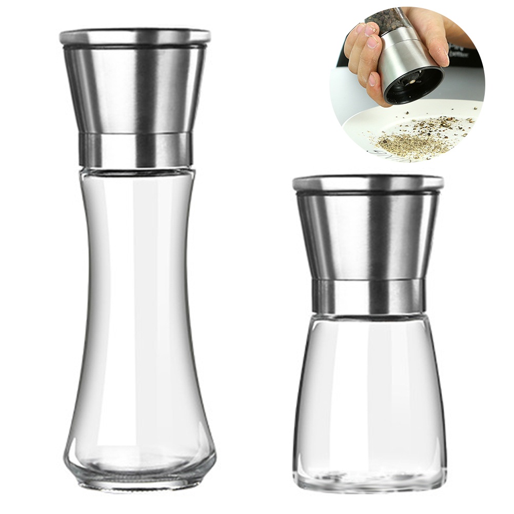 2pcs Stainless Steel Pepper Grinder Manual Pepper Mill Glass Bottle Pepper Mill Cruet Cooking Grinding Tool (Black Taper + Slim Waist)