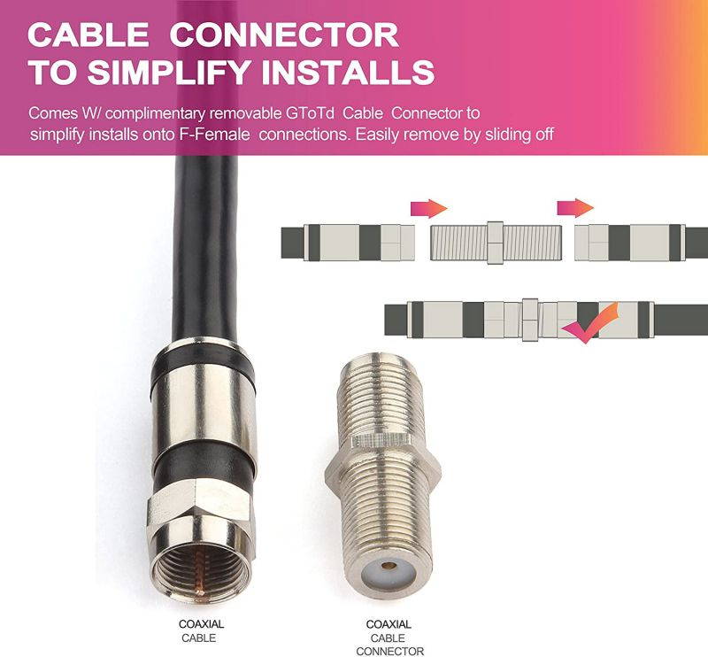 GTOTd Coaxial Cable (4 Feet) with RG6 Coax Cable Connector (and F-Type Cable Extension Adapter) Black Coax Satellite TV 75 Ohm Cable