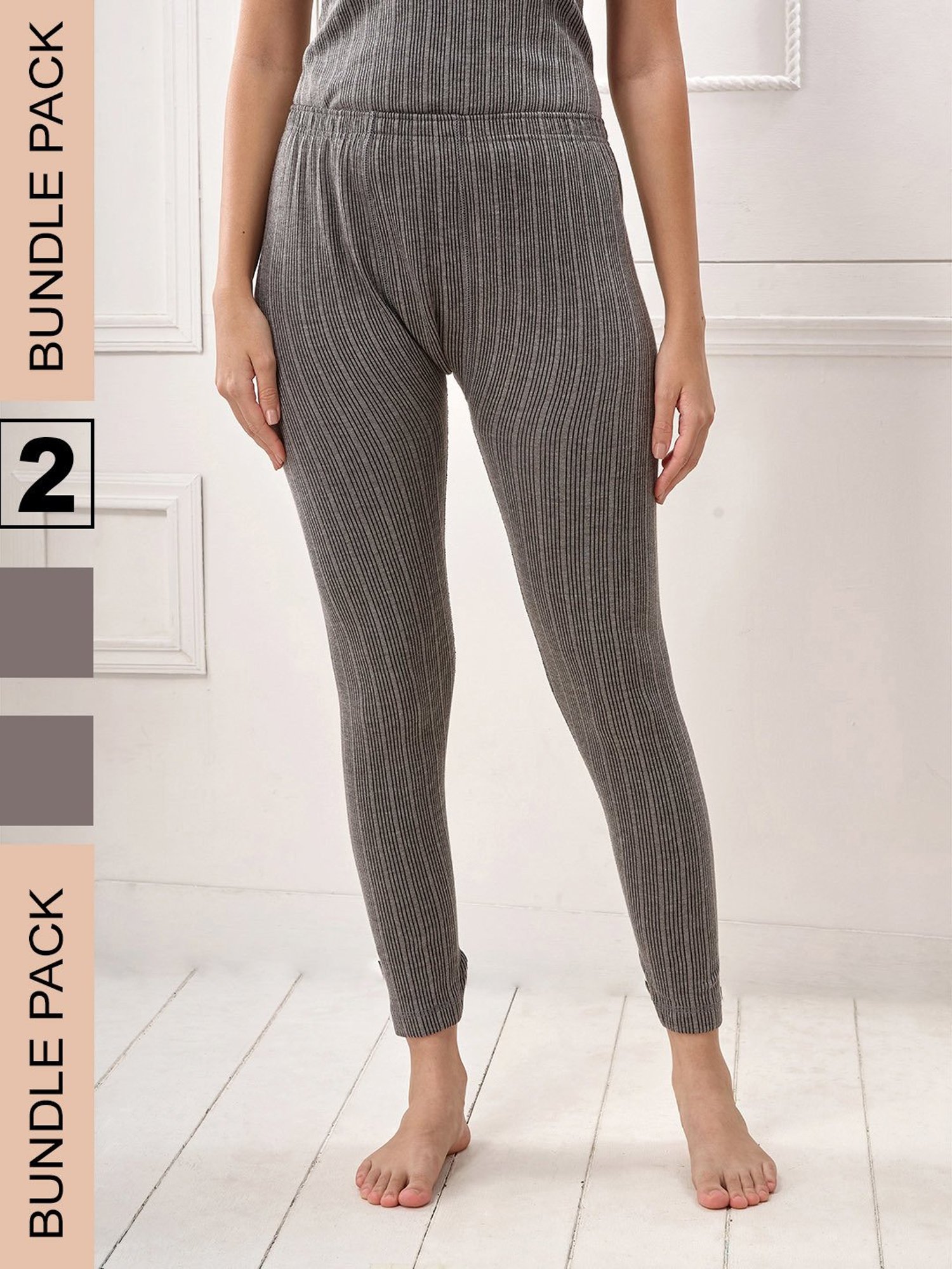 LUX Inferno Grey Striped Thermal Leggings - Pack Of 2