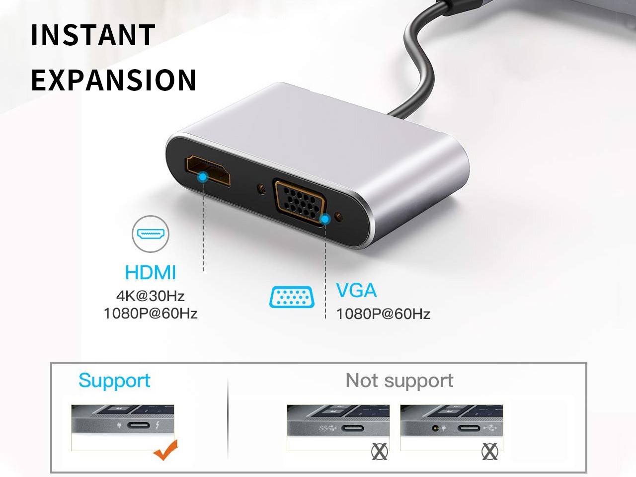 USB C to HDMI VGA Adapter, USB Type C to VGA HDMI Adapter Thunderbolt 3 VGA Adapter, Suitable For MacBook Pro / iPad Pro / Air 2020 2019 2018, Dell XPS 13/15, Surface Pro, Galaxy S8 / S9