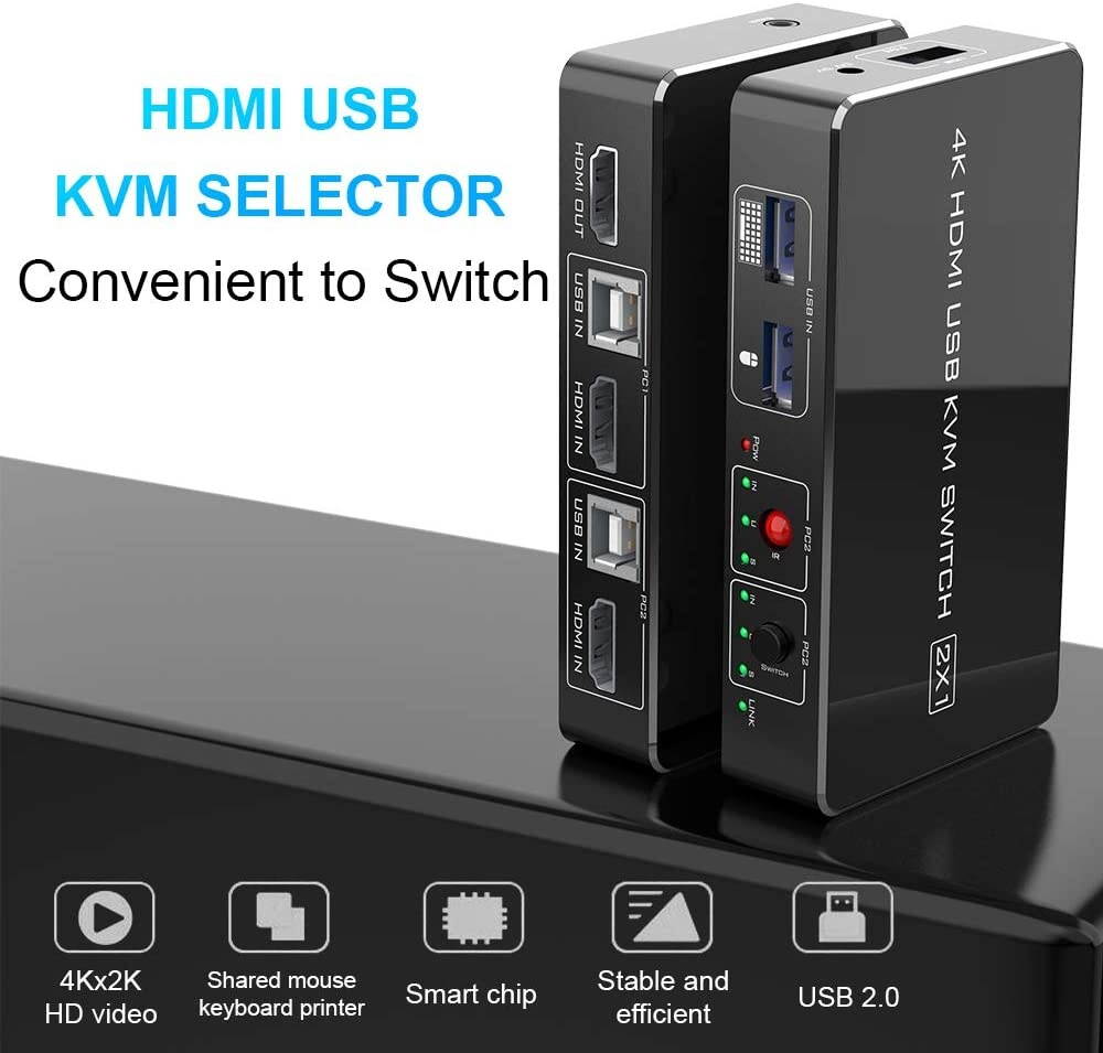 Eletrand HDMI KVM Switch 2 Port in 1 Port Out Sharing 2 Computers with One Keyboard Mouse Monitor HUD 4K (3840x2160) USB KVM Hotkey Metal Switch with USB Cable for Wireless Keyboard and Mouse