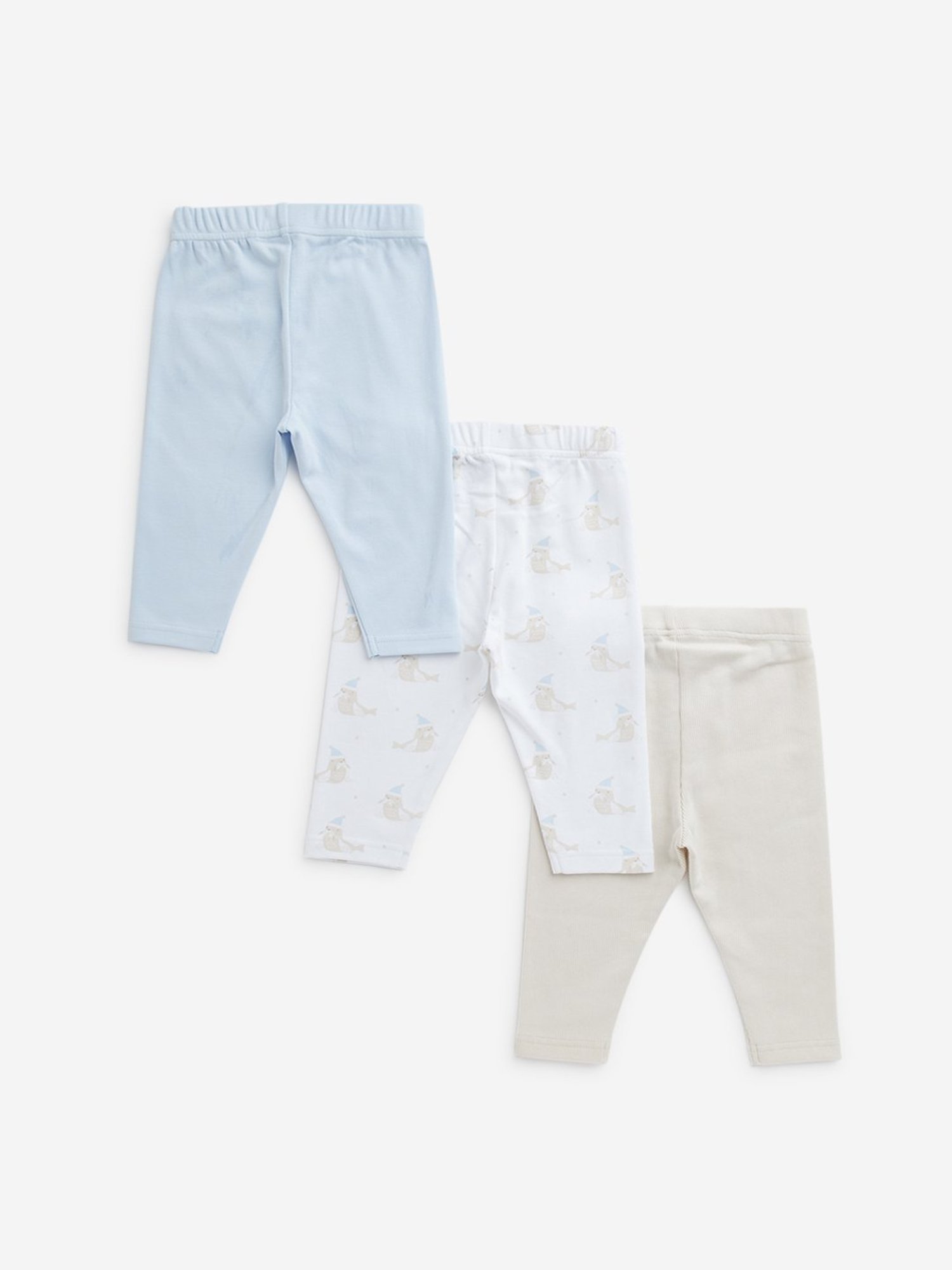 HOP Baby by Westside Light Blue Printed Cotton Pants - Pack of 3