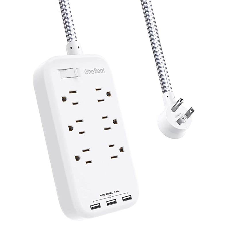 Outlets Power Strip Flat Plug with 3 USB Charing Ports 31A 15W Ft Braided Extension Cord Wall Mountable Outlet Extender with Overload Protection Switch for Home Office Cruise Ship White