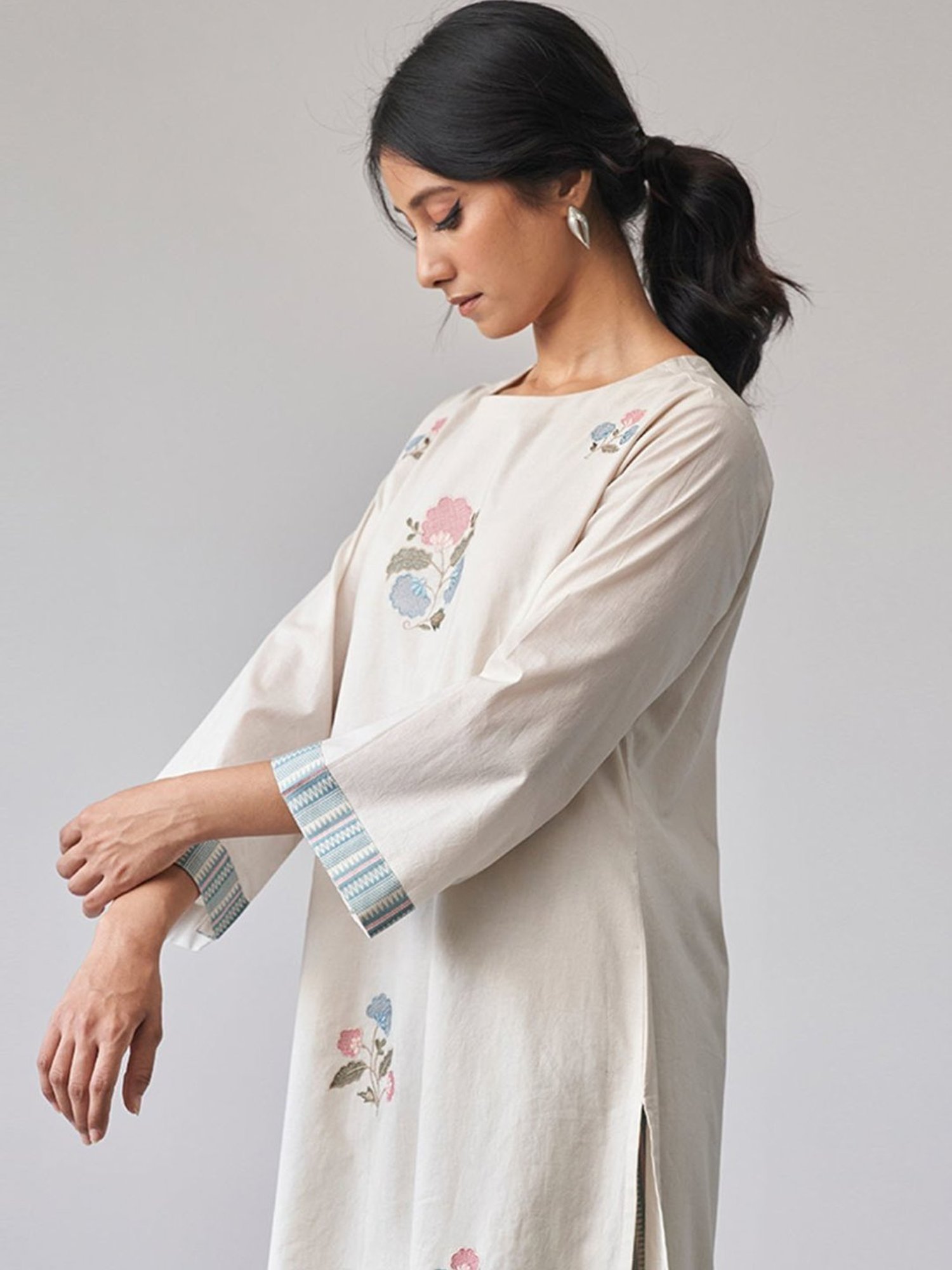 Ganga Fashions Beige Embroidered Cotton Kurta with Printed Salwar