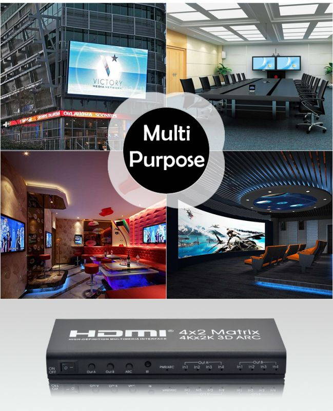 HDMI 4X2 Matrix Switch Switcher HDMI Splitter Support ARC 4Kx2K SPDIF coaxial stereo headphone audio output for PC