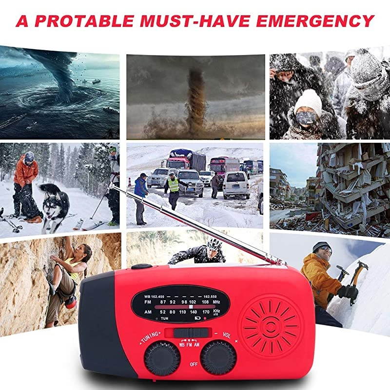 Emergency Solar Weather Radio Hurricane Supplies Earthquake Kit Hand Crank Self Powered AM/FM/WB NOAA Wind up Survival Radios LED Flashlight 1000mAh Power Bank for iPhone Smart Phone (Red)