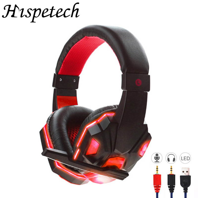 HISPETECH Glow LED Heaadphone Bass HD Stereo Sound Gaming Headset Mic Gamer Over-ear Headband Earphone Noise Cancelling with Microphone for PC Game