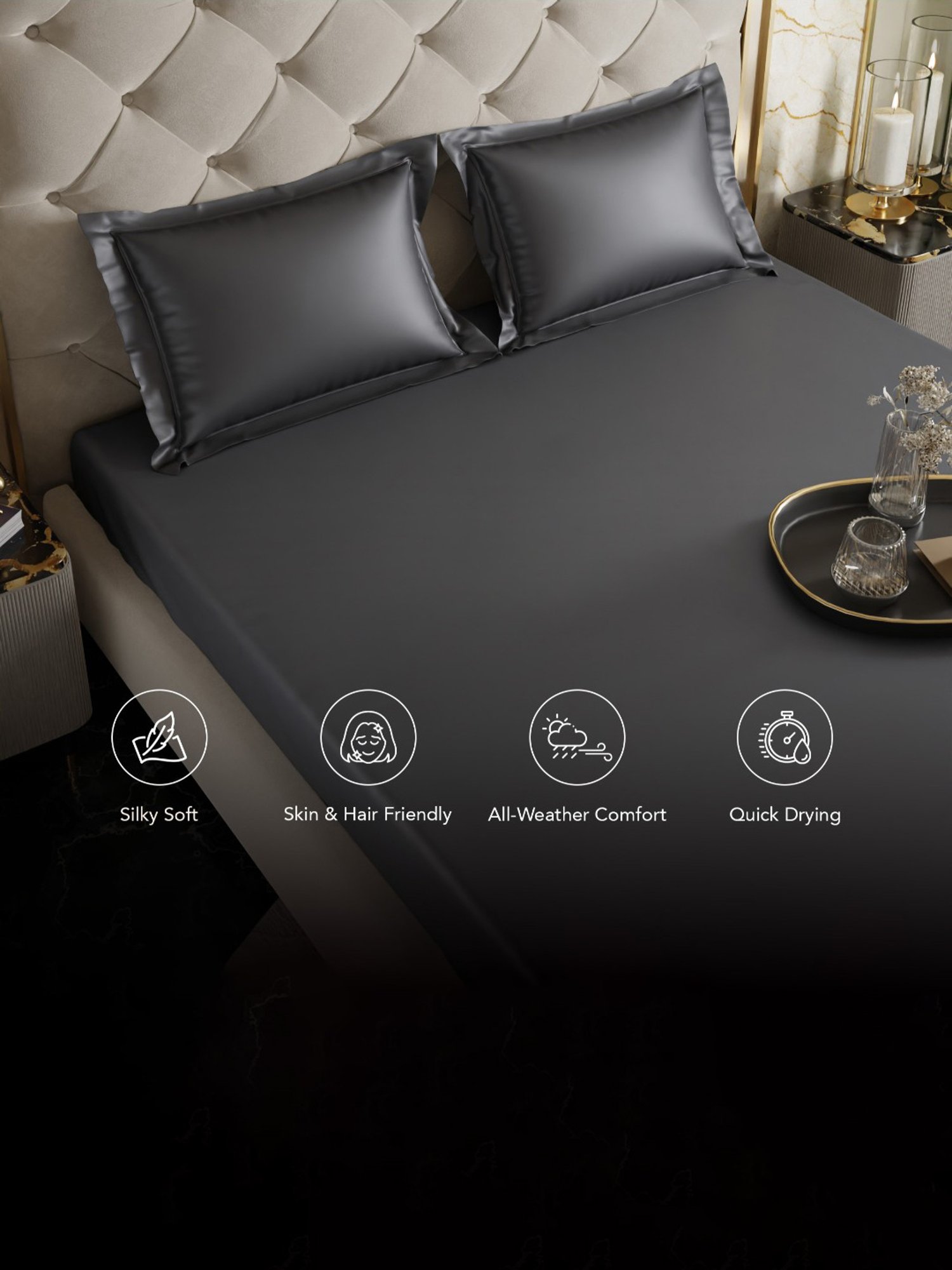 Stoa Paris Charcoal Grey 300 TC Polyester Double Fitted Sheet with 2 Pillow Covers