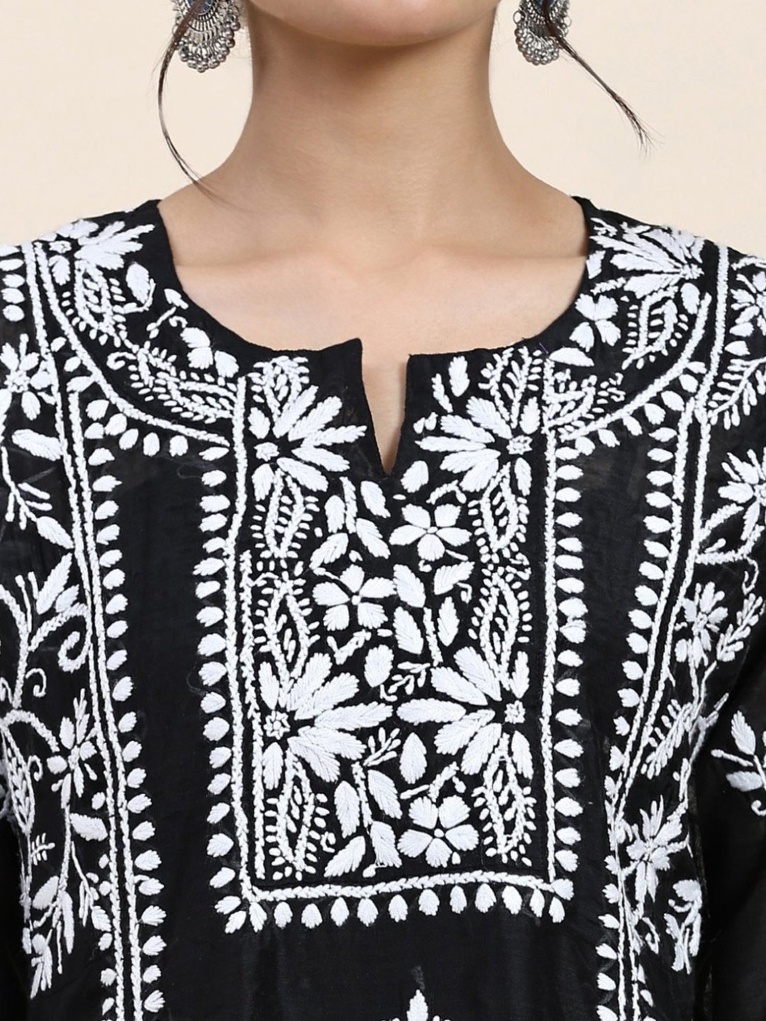 House Of Kari Samma Chikankari Long Kurta in Chanderi Silk for Women- Black