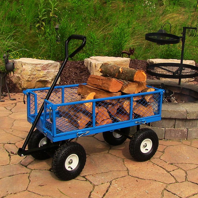 Sunnydaze Outdoor Lawn and Garden Heavy-Duty Durable Steel Mesh Utility Wagon Cart with Removable Sides - Blue