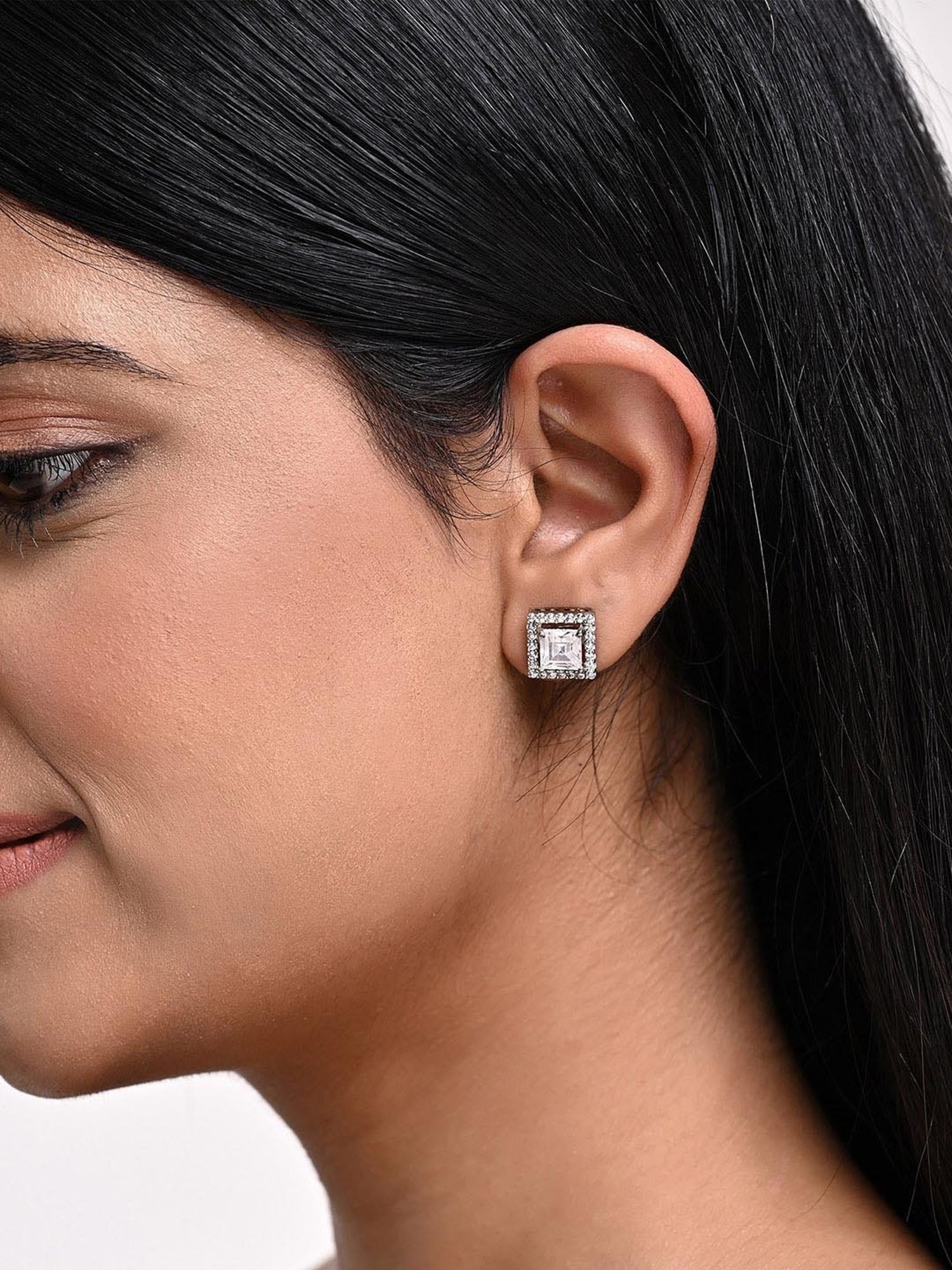 March by FableStreet Sterling Silver Princess-Cut Zircon Solitaire Stud Earrings for Women