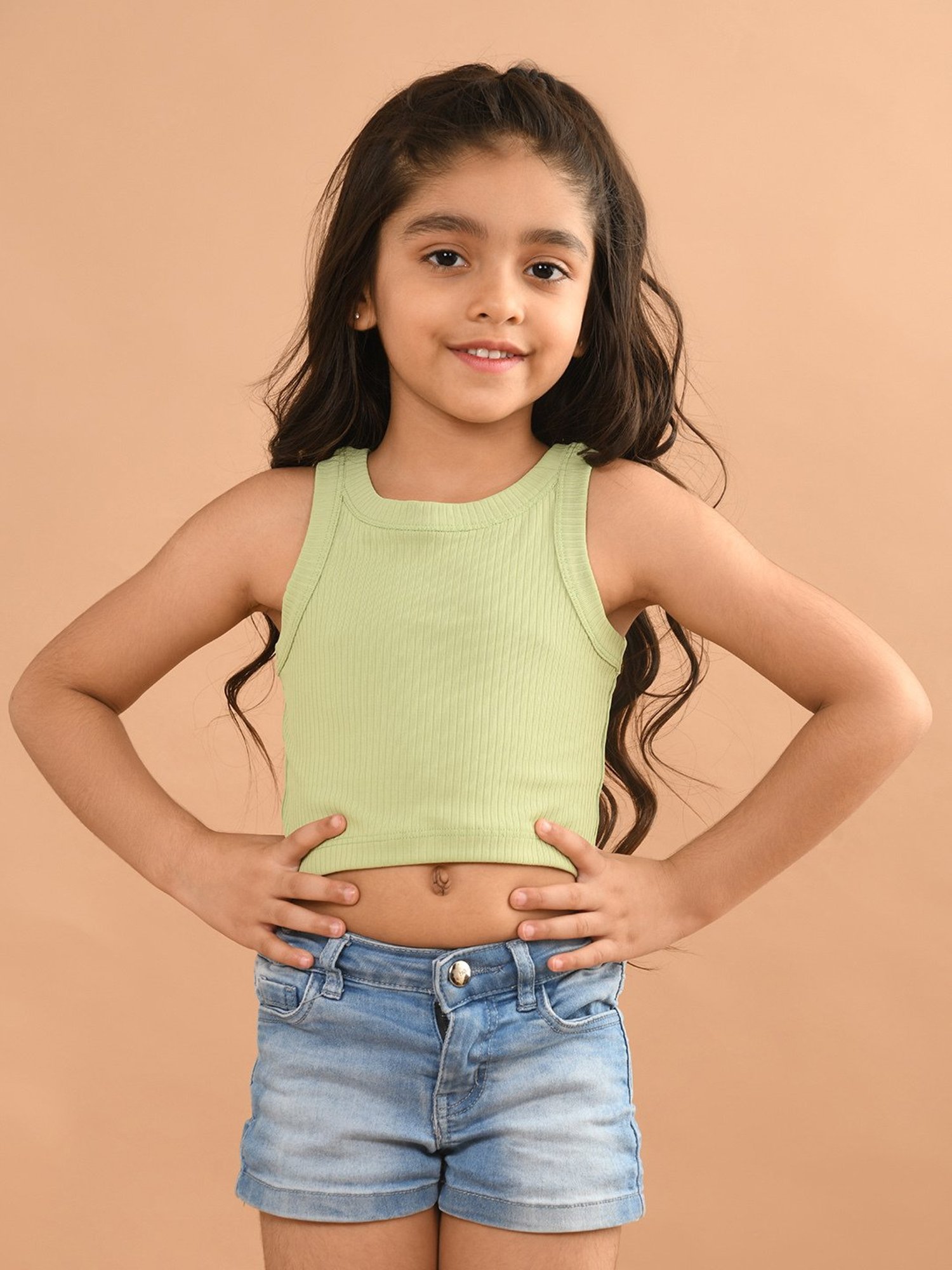 LilPicks Kids Light Green Solid Crop Top