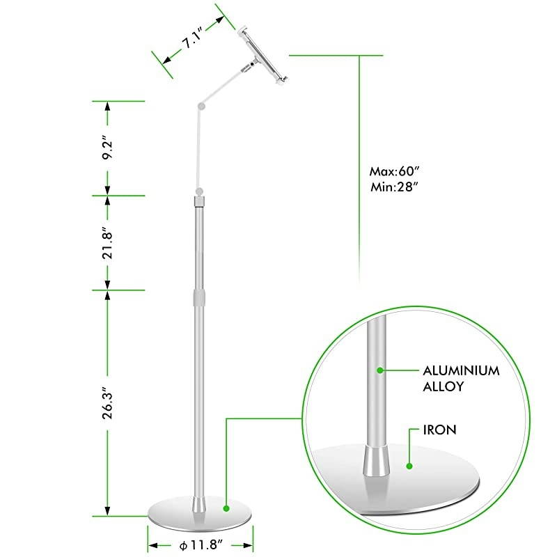 Tablet Floor Stand Holder for iPadApplicable to 45~10inch Smart Phone and Tablet Such as iPad iPhone X iPad ProiPad Mini iPad Air 12 iPad 24 Silver