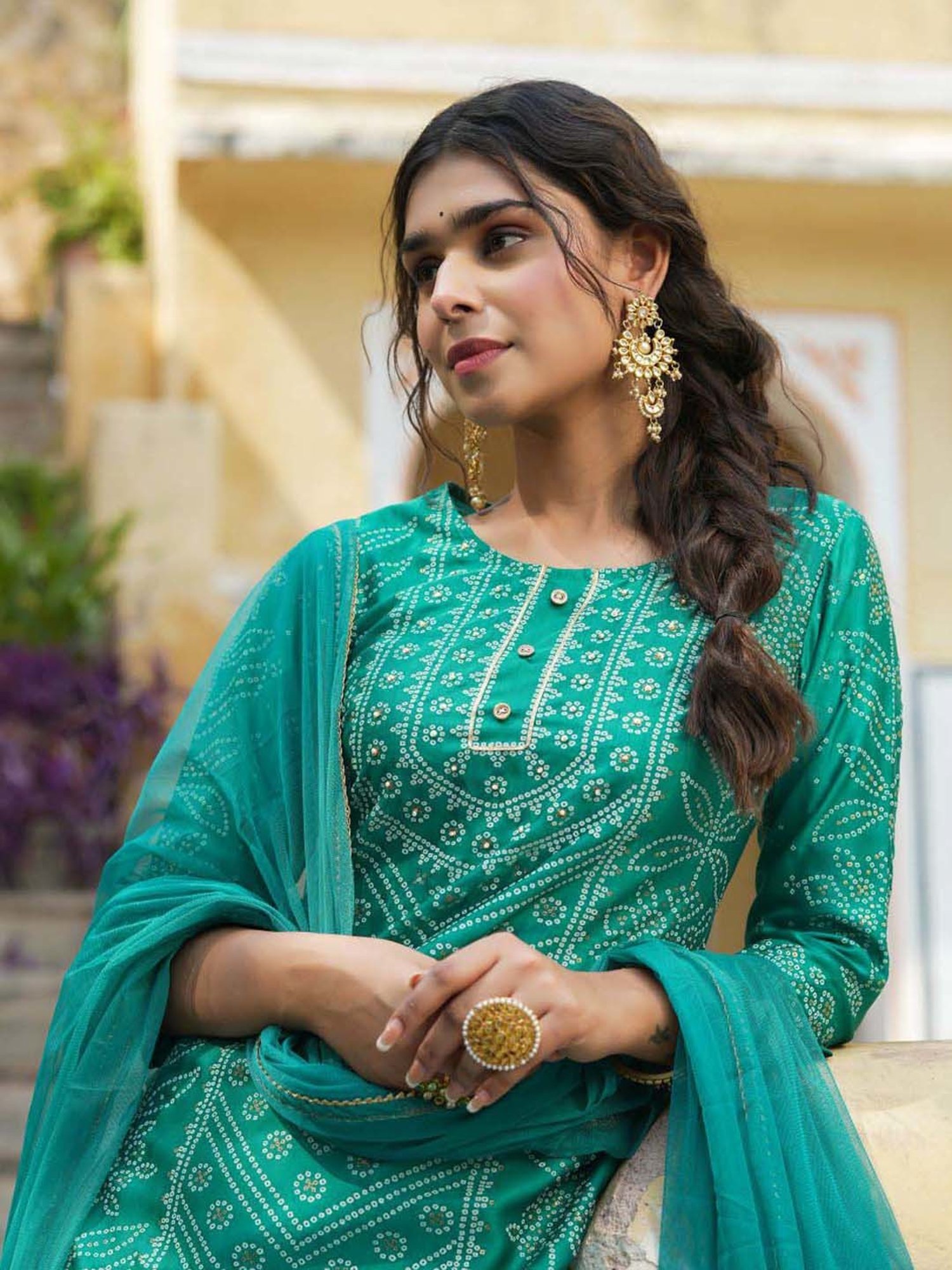 Juniper Teal Bandhani Printed Shantoon Kurta Palazzo & Net Dupatta Set with Lace & Beads Work