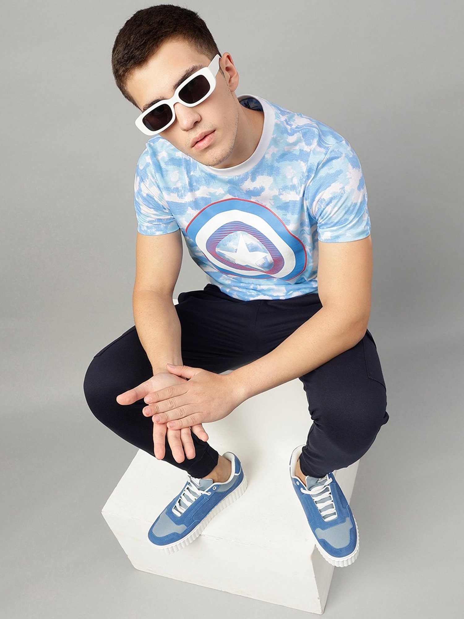 Free Authority Blue & Navy Regular Fit Printed T-Shirt & Joggers Set