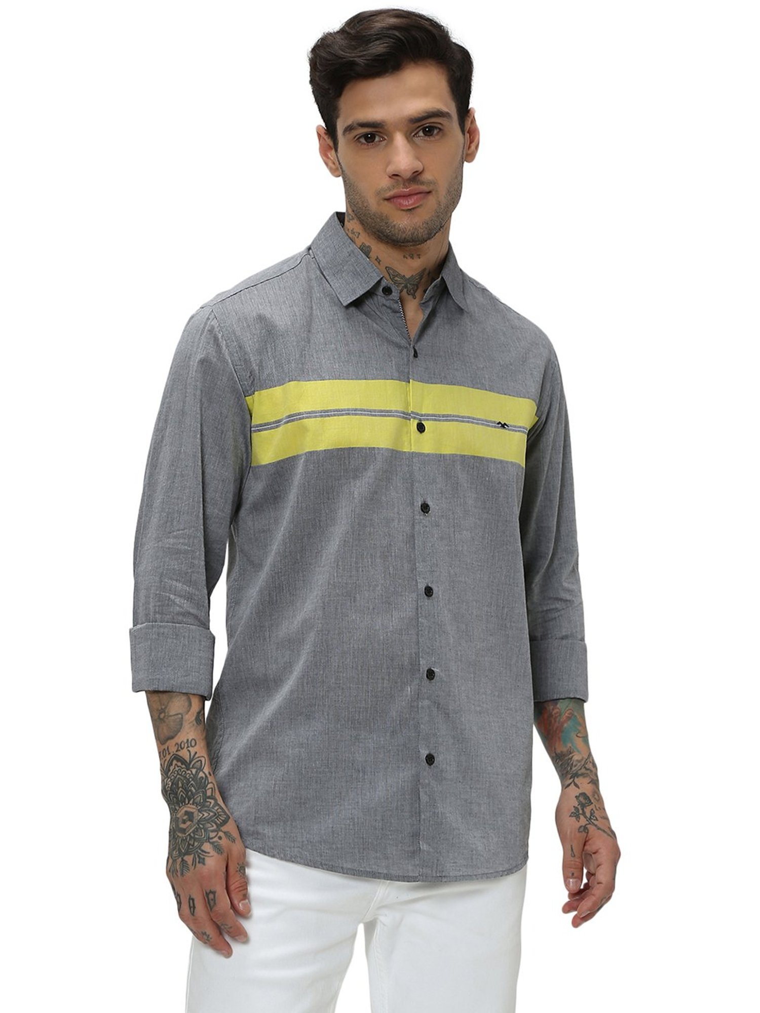 Mufti Grey Slim Fit Striped Cotton Shirt