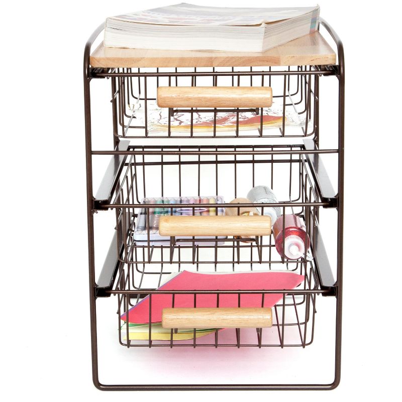Origami Wood Top Steel Kitchen Organizer 3 Mesh Basket Sliding Drawer, Brown
