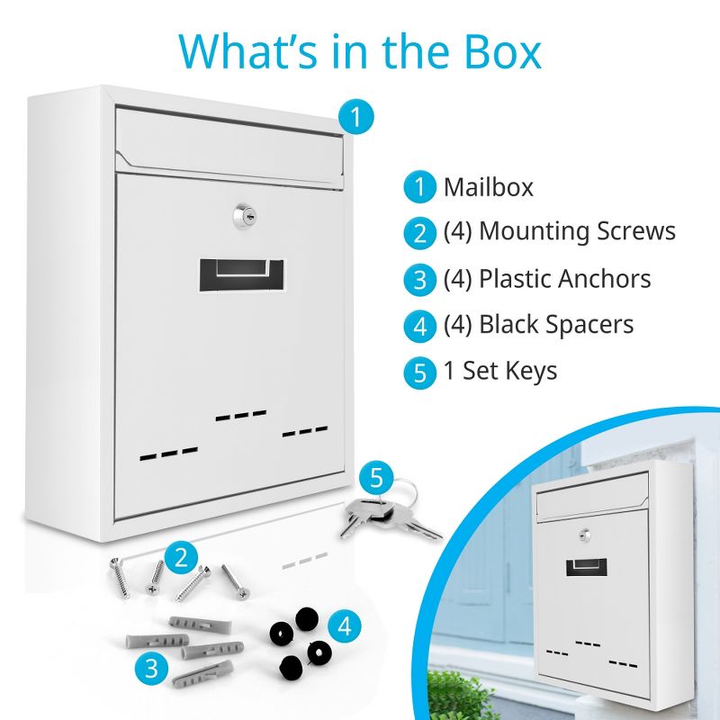 SereneLife SLMAB04 Home Indoor Outdoor Galvanized Steel Metal Wall Mount Secure Locking Mailbox Magazine Newspaper Holder with Keys, White