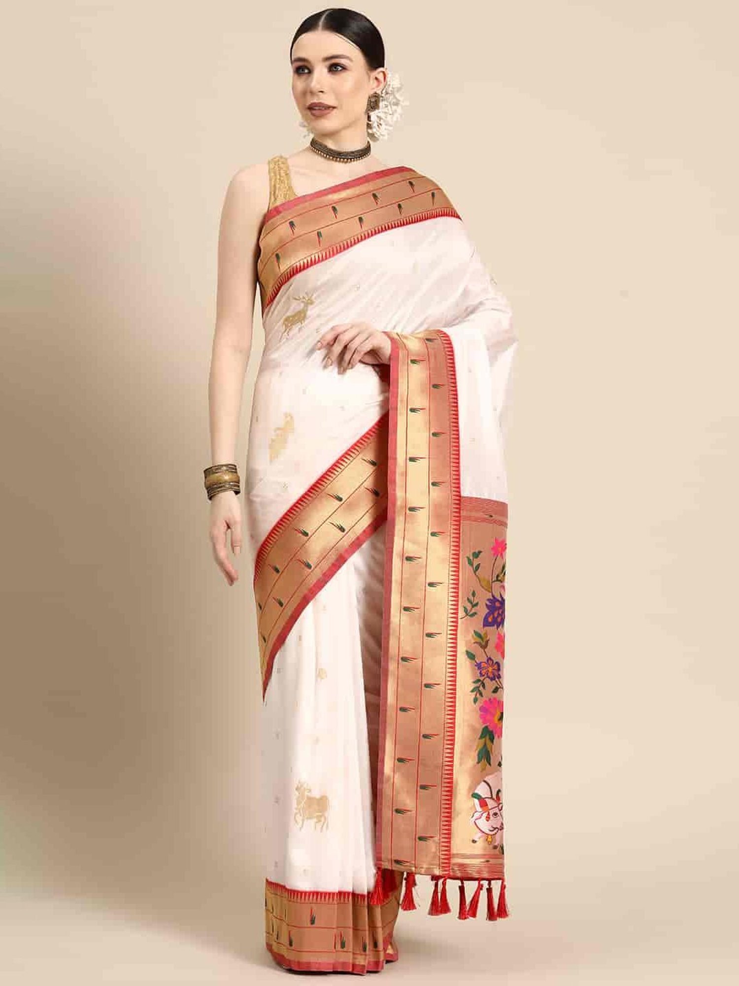 Silk Land White Woven Saree With Unstitched Blouse