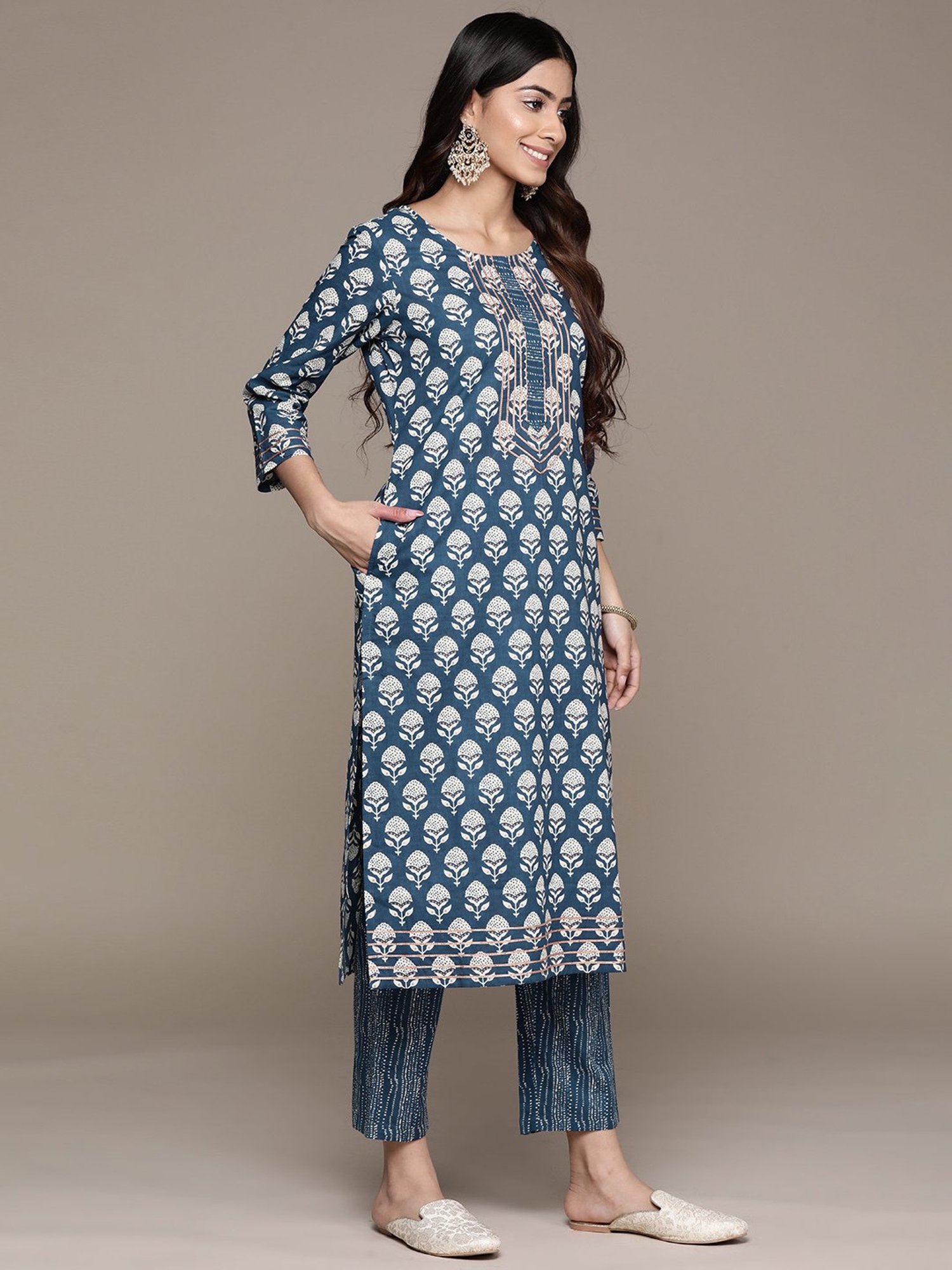 Anubhutee Blue Cotton Floral Kurta With Pants & Dupatta