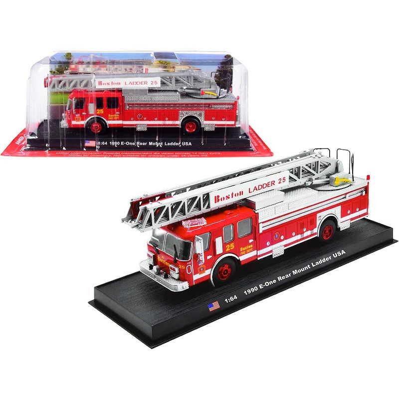 1990 E-One Rear Mount Ladder Fire Engine Red "Boston Fire Department" (Massachusetts) 1/64 Diecast Model by Amercom
