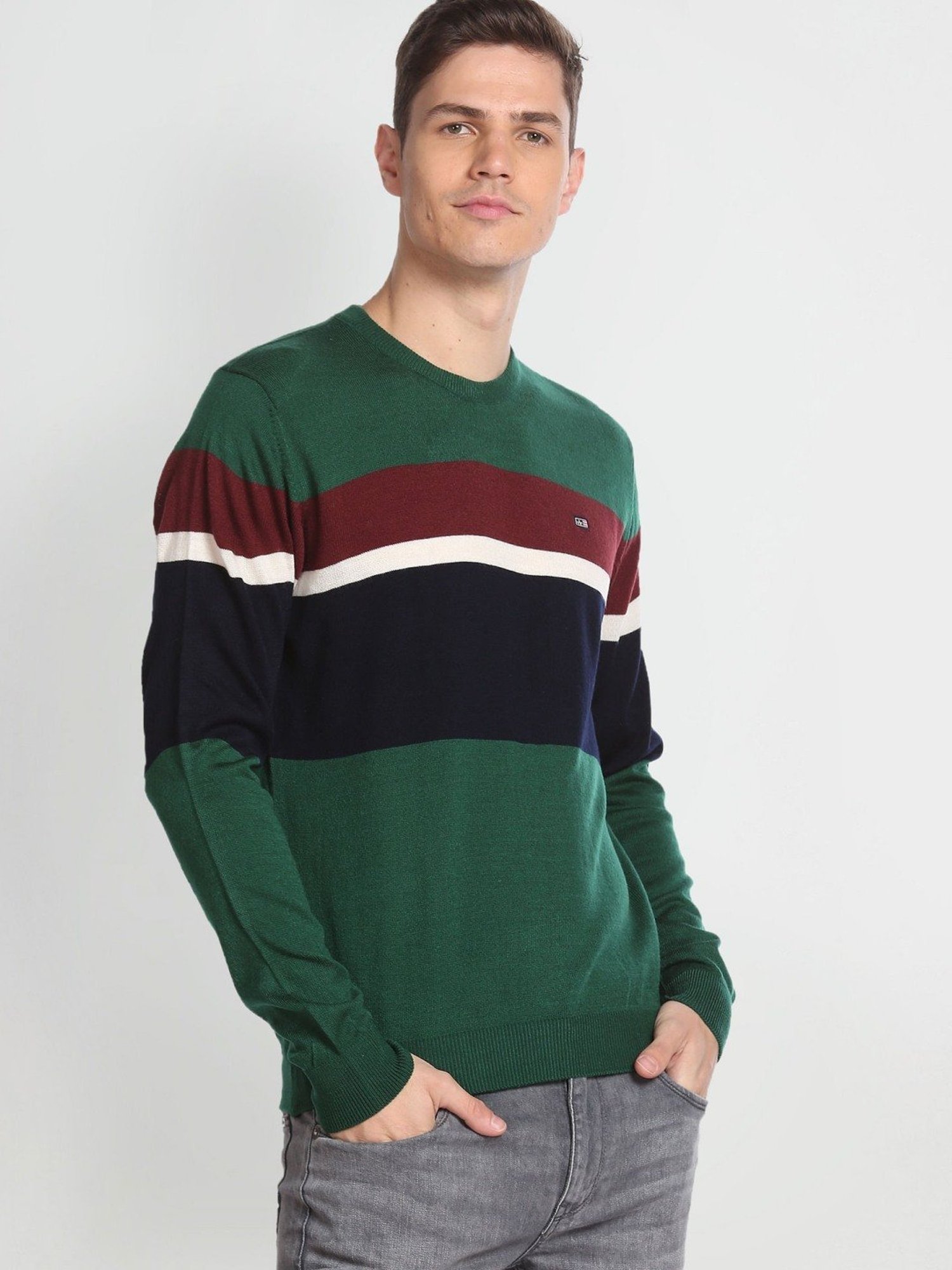 Arrow Sport Green Regular Fit Colour Block Sweater