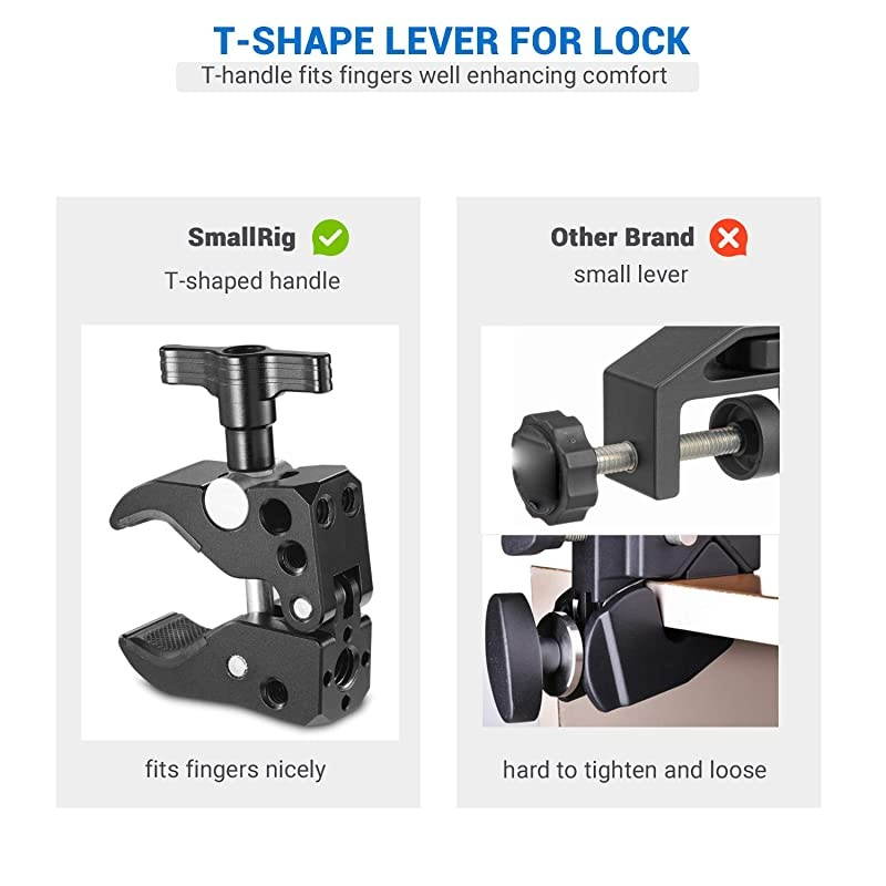 Super Clamp with 1/4&rsquo;&rsquo; Thread Holes, 3/8&rsquo;&rsquo; Locating Pin for ARRI Standard, T-Shaped Wingnut and Rubber Pads - 2220