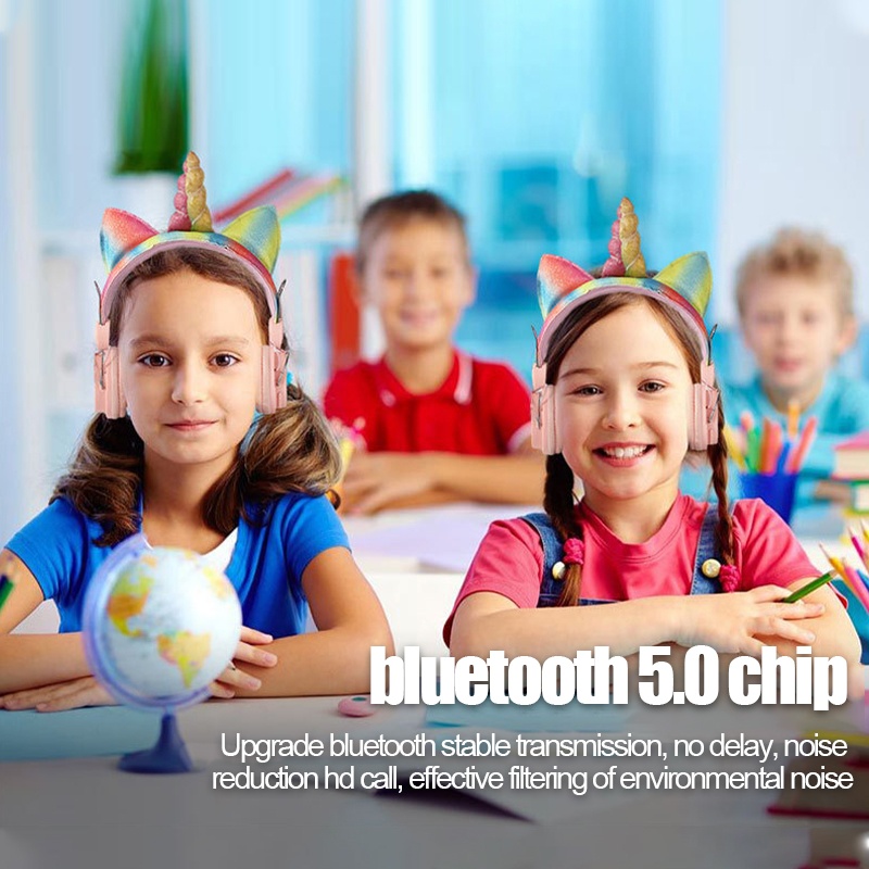 bluetooth Wireless Headphones Stereo HD Dynamic Drivers FM Headset Cute Kid Music Head-Mounted Earphone with Mic-B/Blue