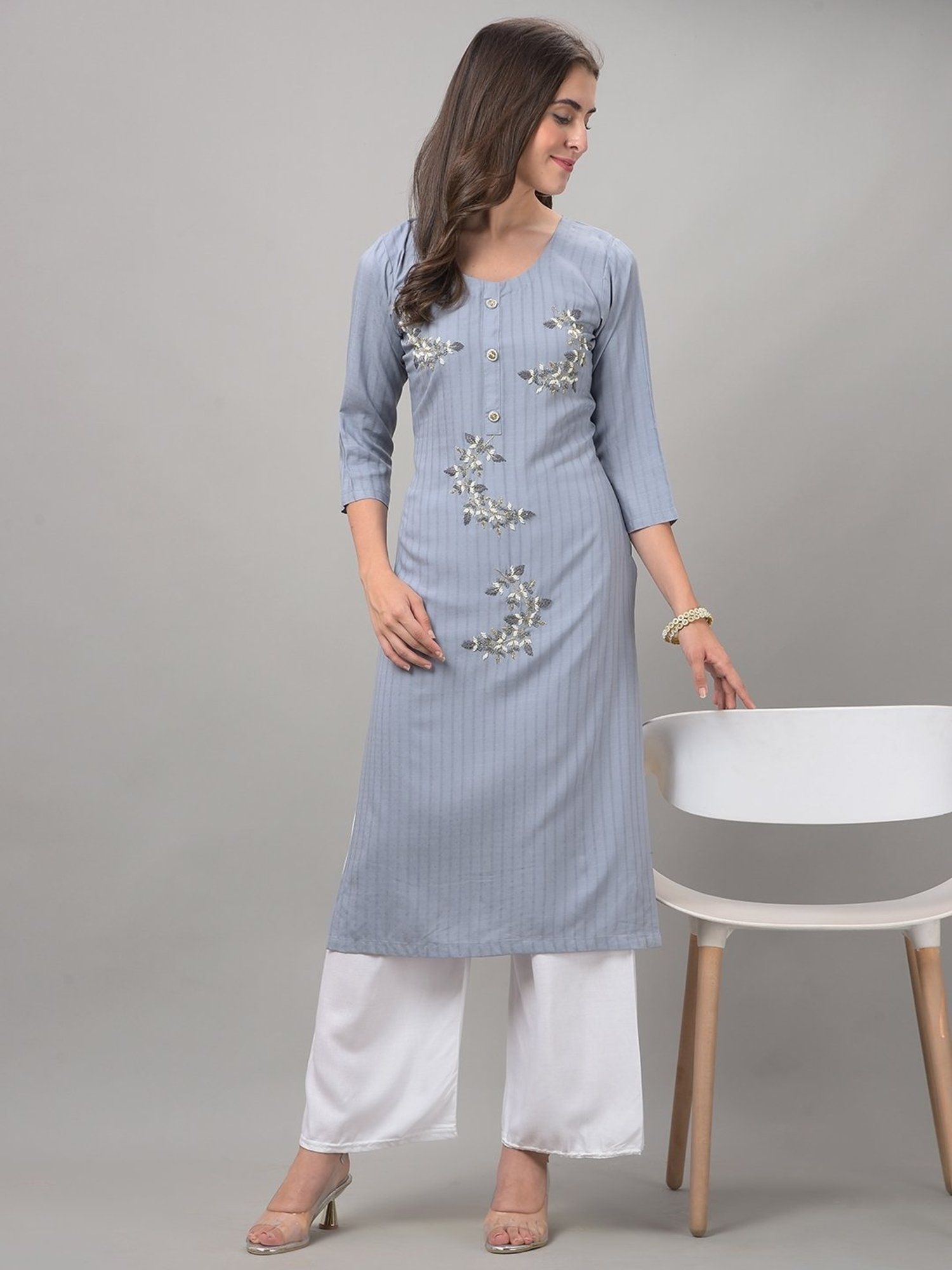 Dollar Missy Grey Embroidered Straight Kurta