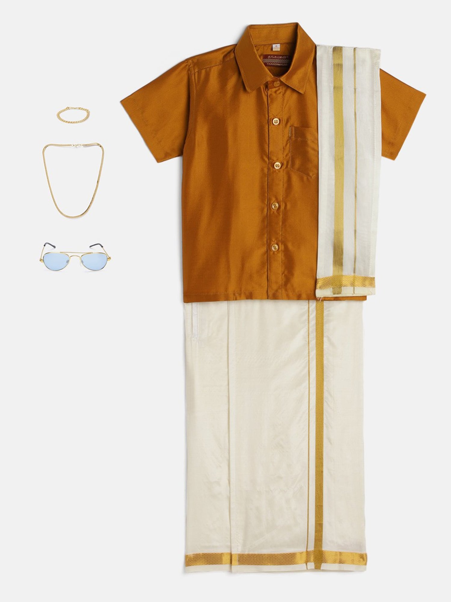 THANGAMAGAN Kids Mustard & Cream Solid  Shirt,  Dhoti,  Towel With  Freebies Set