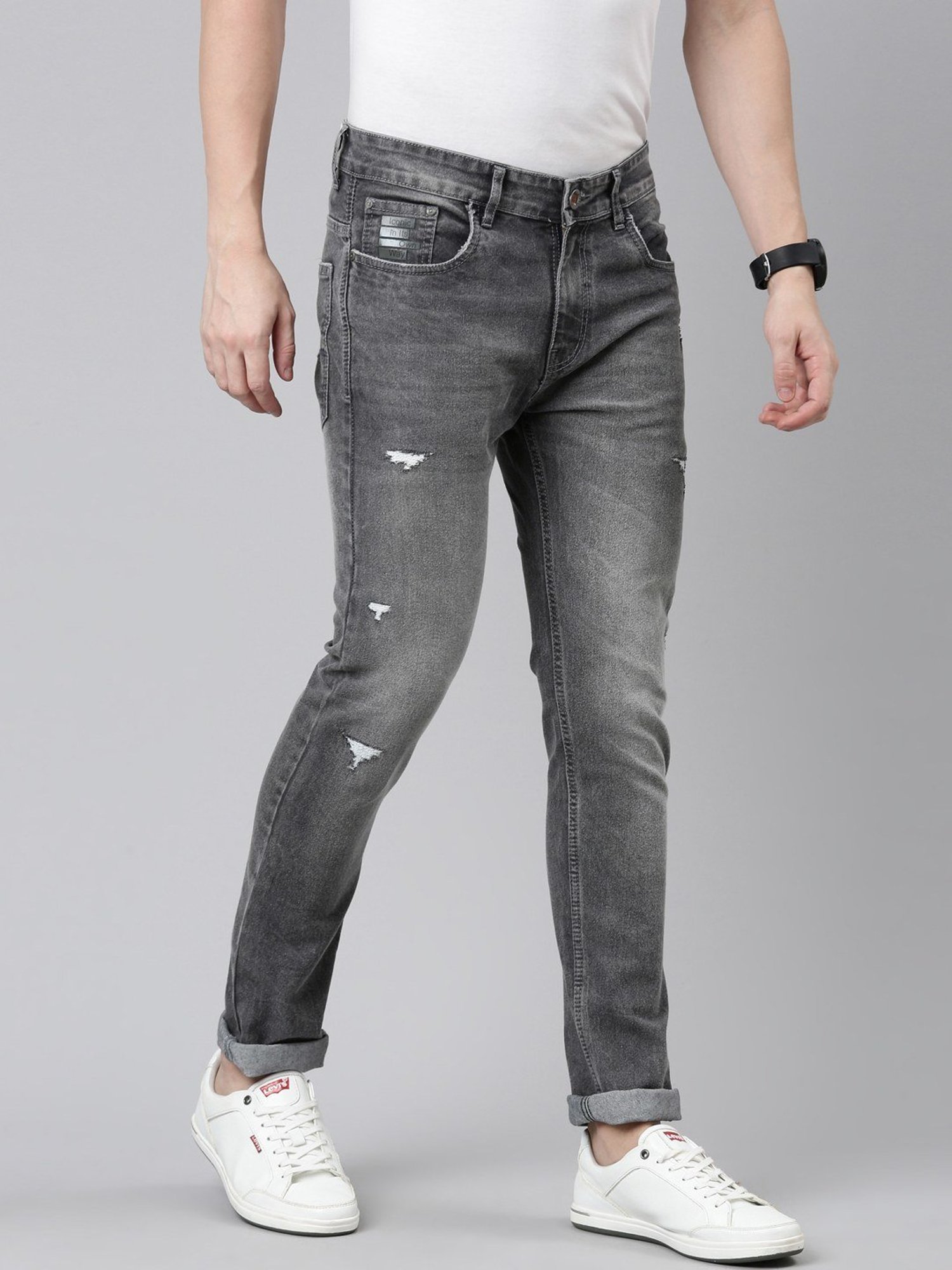 CINOCCI Grey Cotton Slim Fit Distressed Jeans
