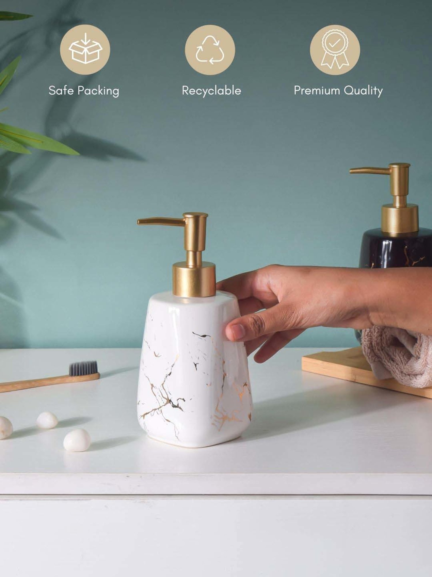 Nestasia ceramic durable marble finish white Liquid soap dispenser for Bathroom & Wash Basin(350 ml)