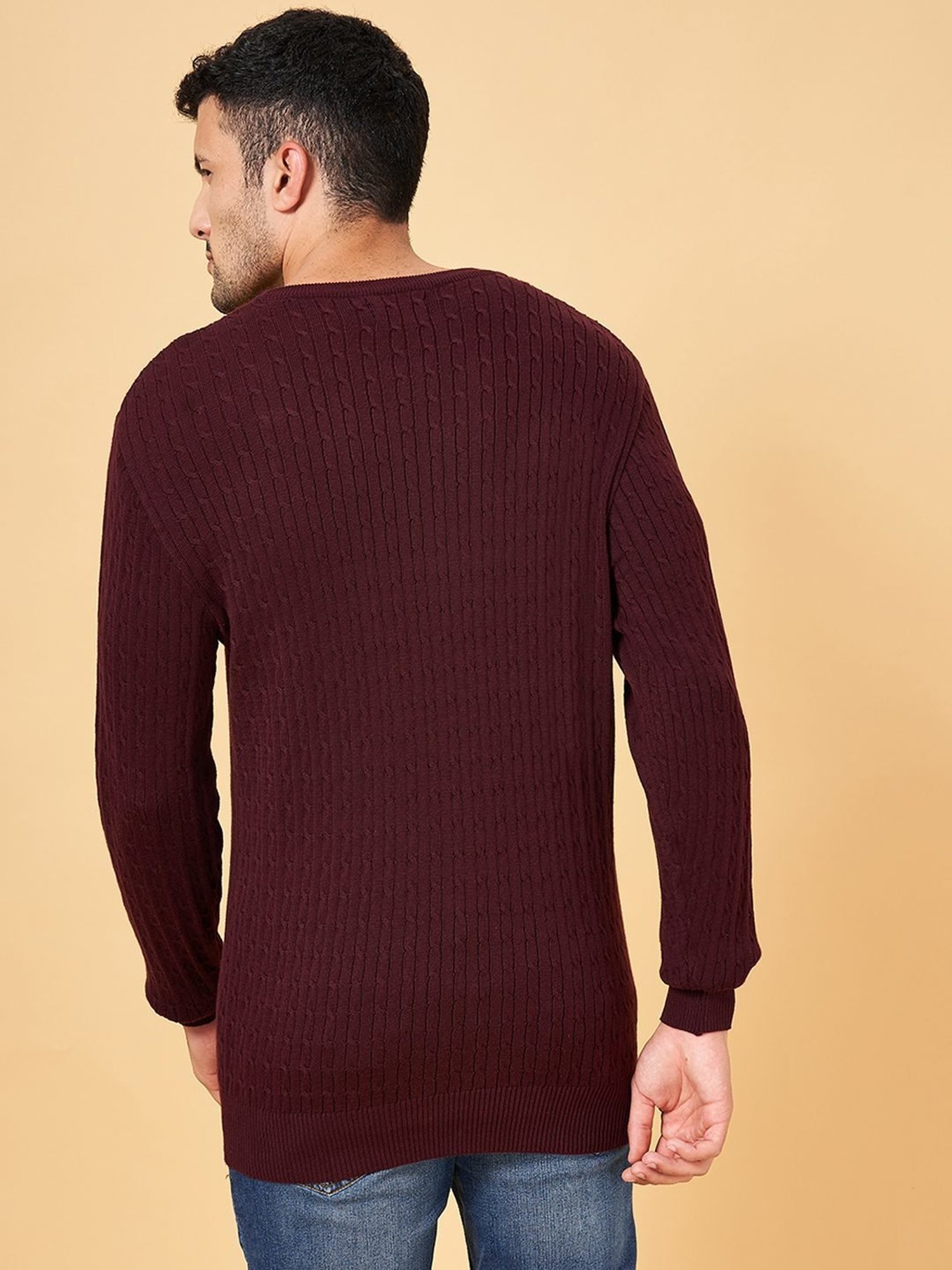 Byford by Pantaloons Maroon Cotton Slim Fit Self Pattern Sweater