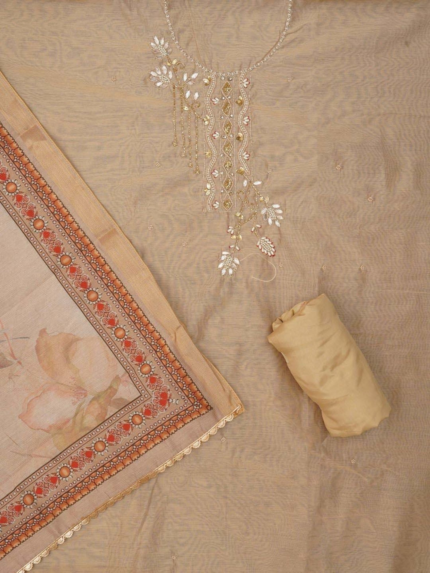 Jaipur Kurti Beige Embroidered Unstitched Dress Material