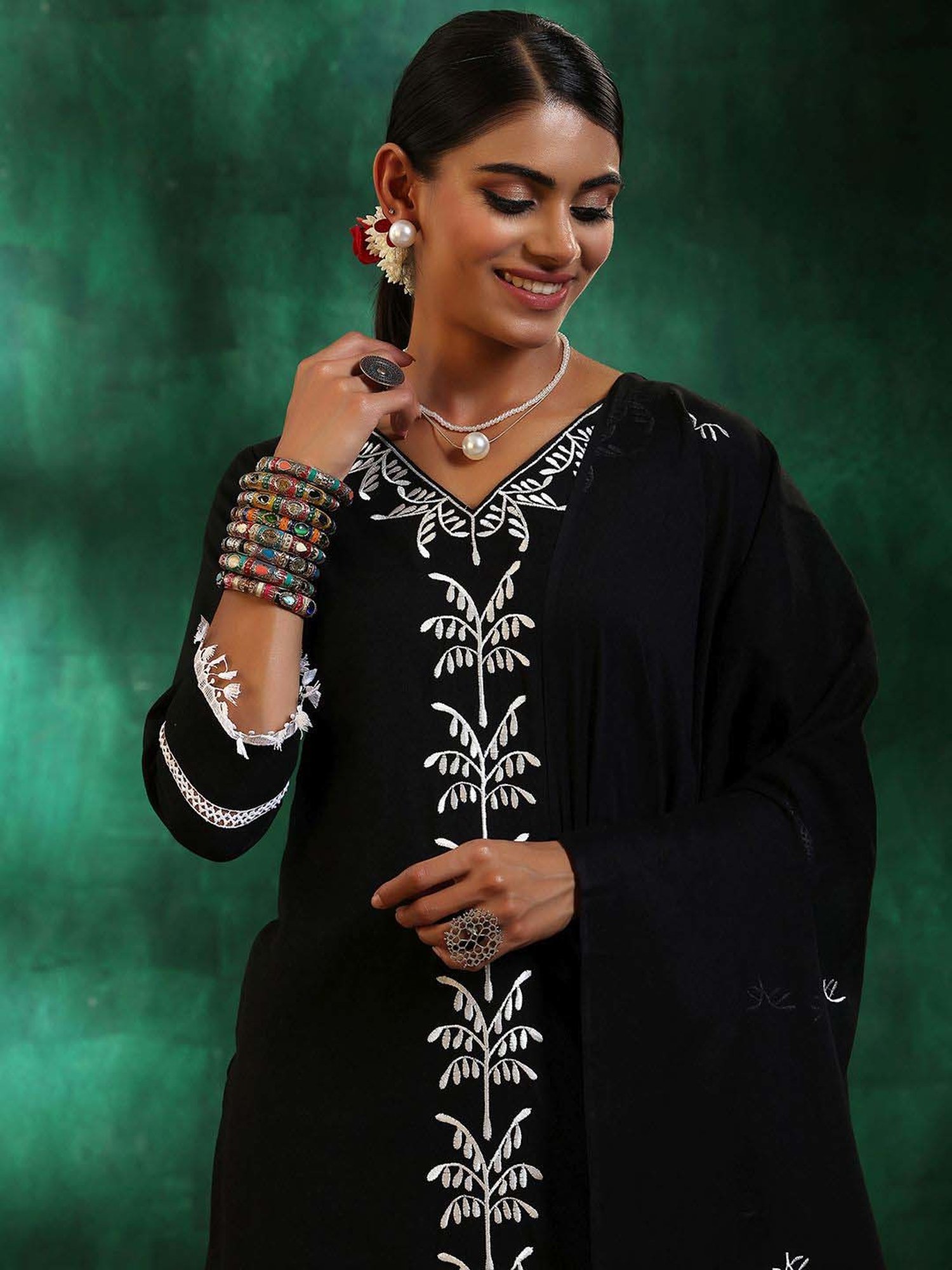 Libas Black Cotton Embroidered Kurta Pant Set With Dupatta