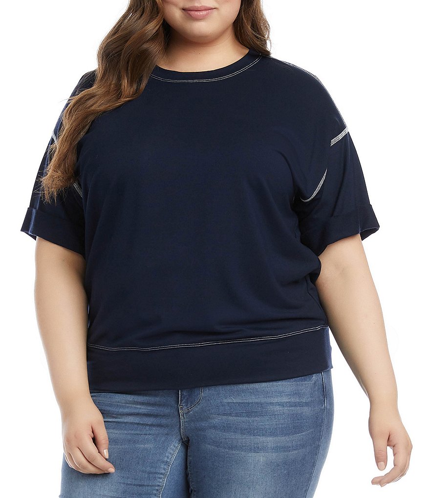 Karen Kane Plus Size Contrast Stich Crew Neck Drop Shoulder Cuffed Short Sleeve French Terry Tee