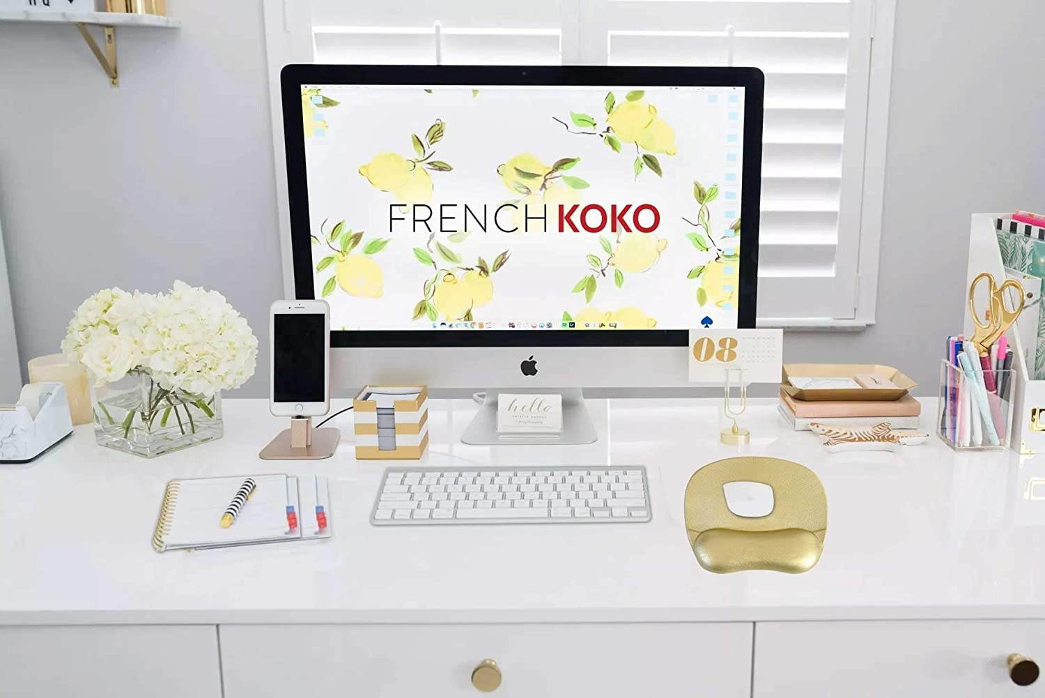 French Koko Mouse Pad with Wrist Support Cute & Ergonomic Mousepad Gel Support Desktop Padded Wrist Rest Memory Foam for Easy Mouse Movement Computer Laptop Home Office School (Leather Gold)