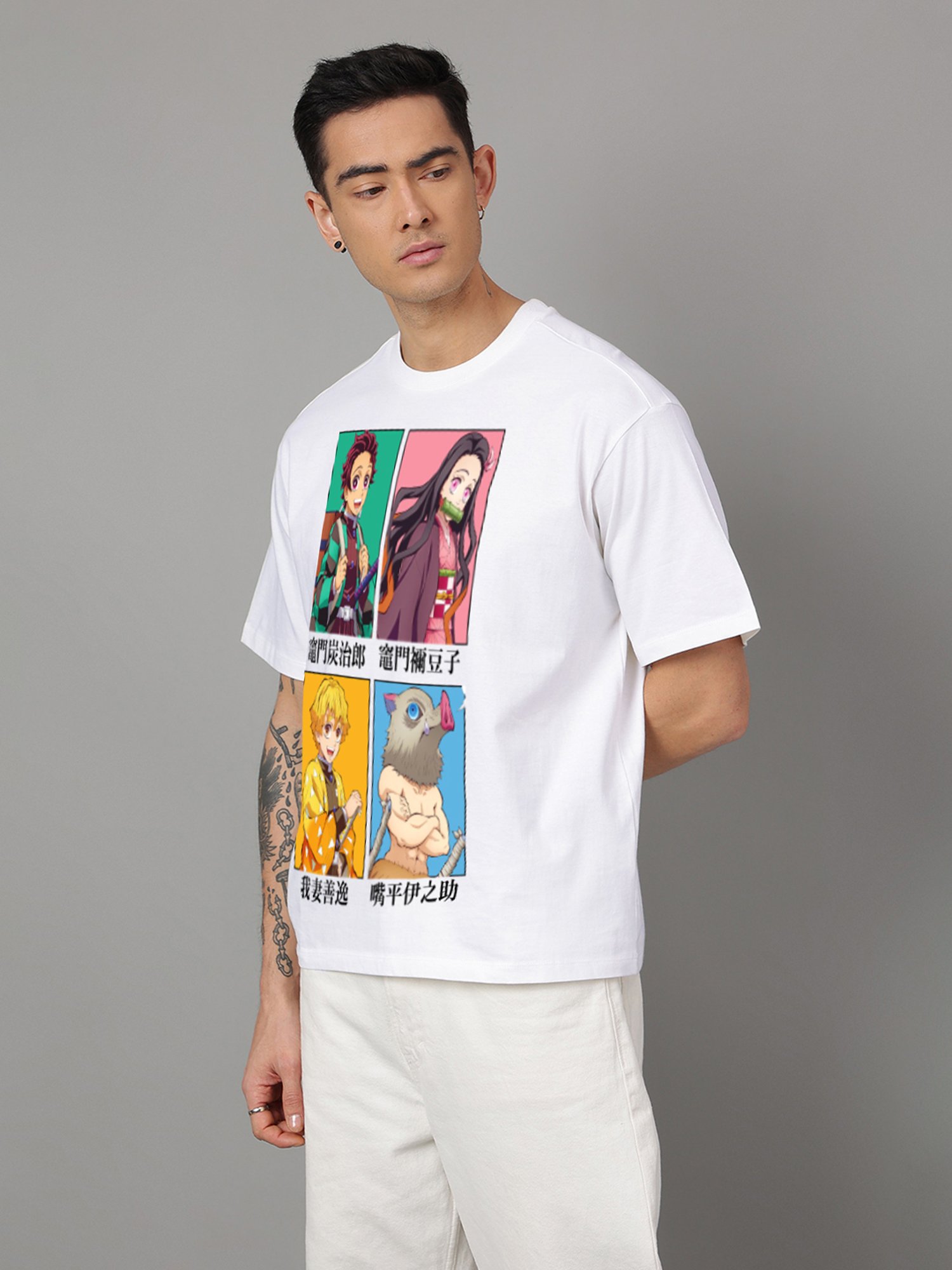 Free Authority White Loose Fit Demon Slayer Printed Crew T-Shirt